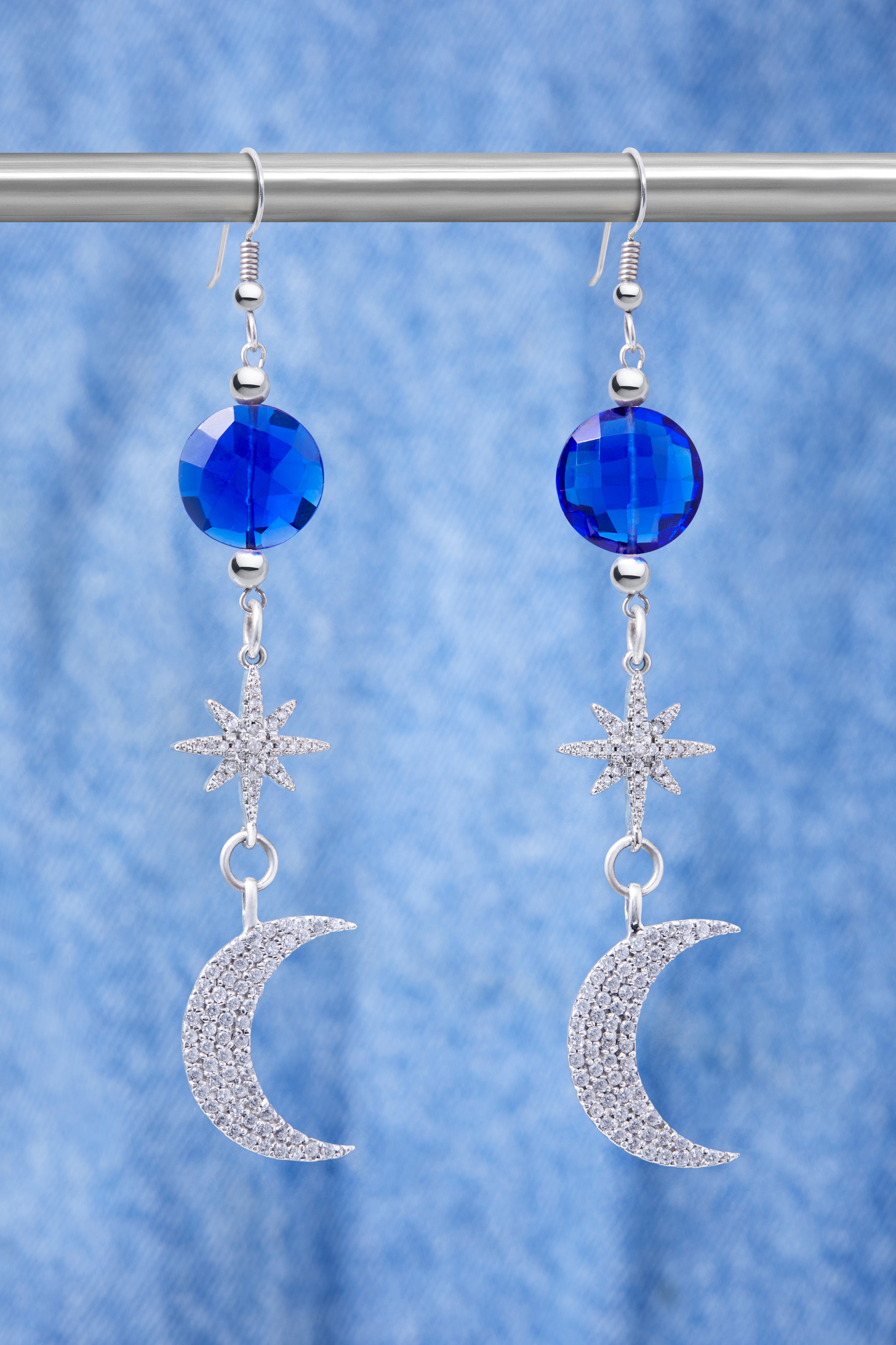SPARKLING SAPPHIRE BLUE QUARTZ STAR AND MOON EARRINGS