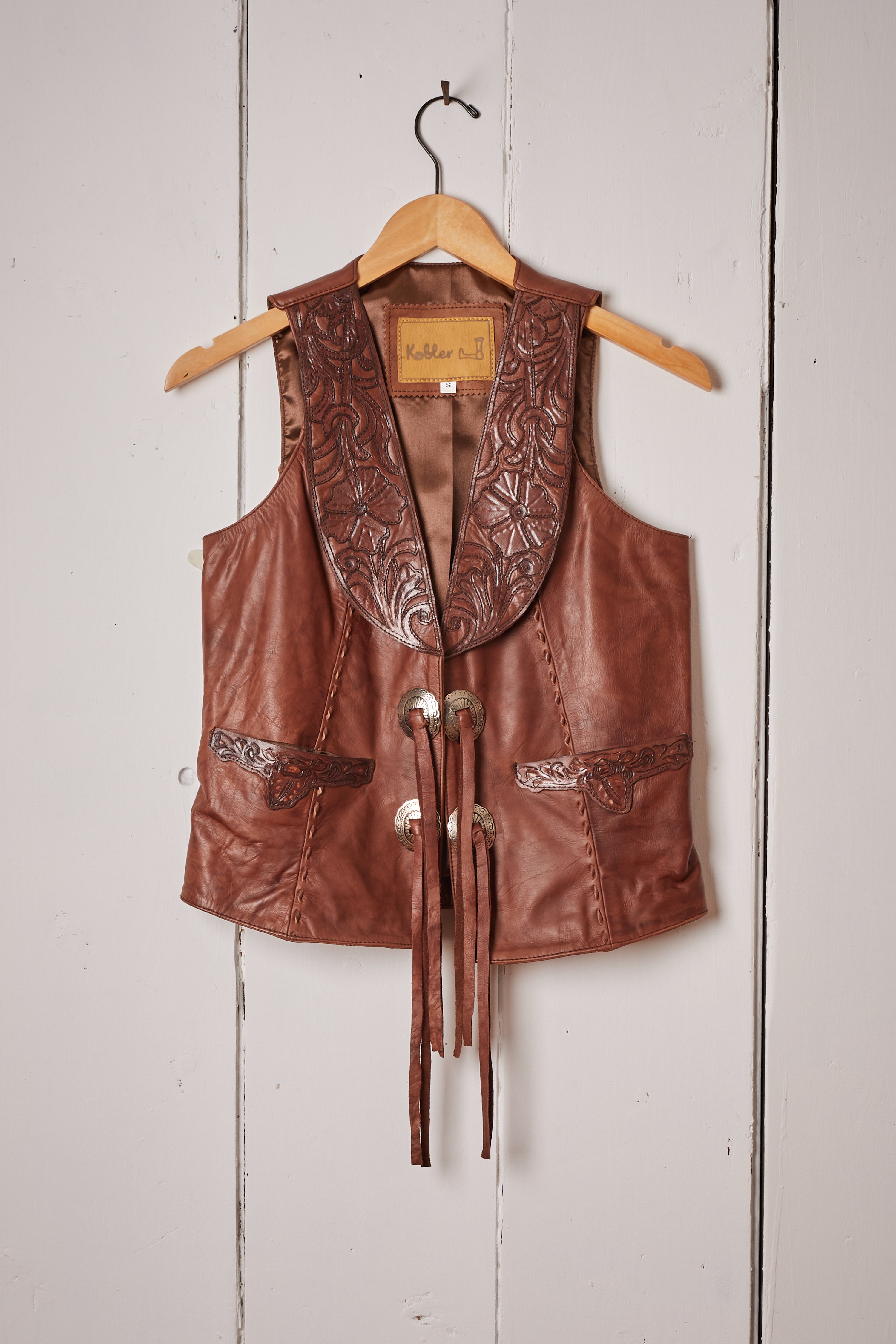 BROWN TOOLED LEATHER VEST