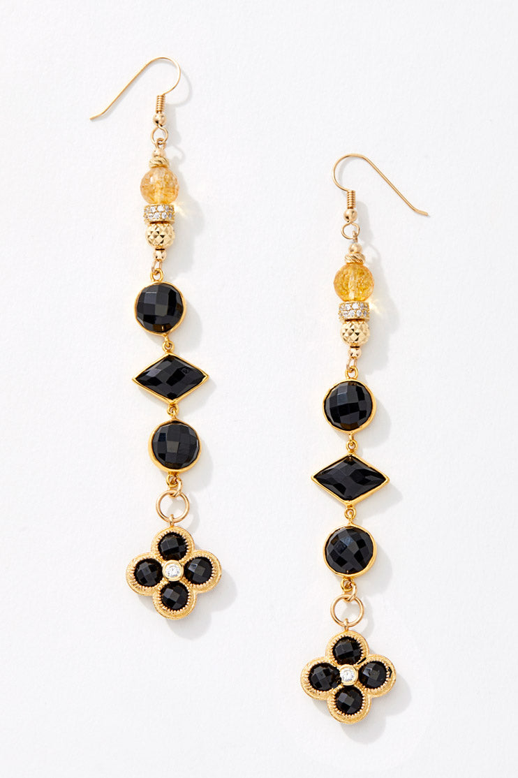 14K GOLD CITRINE AND ONYX FLOWER EARRINGS