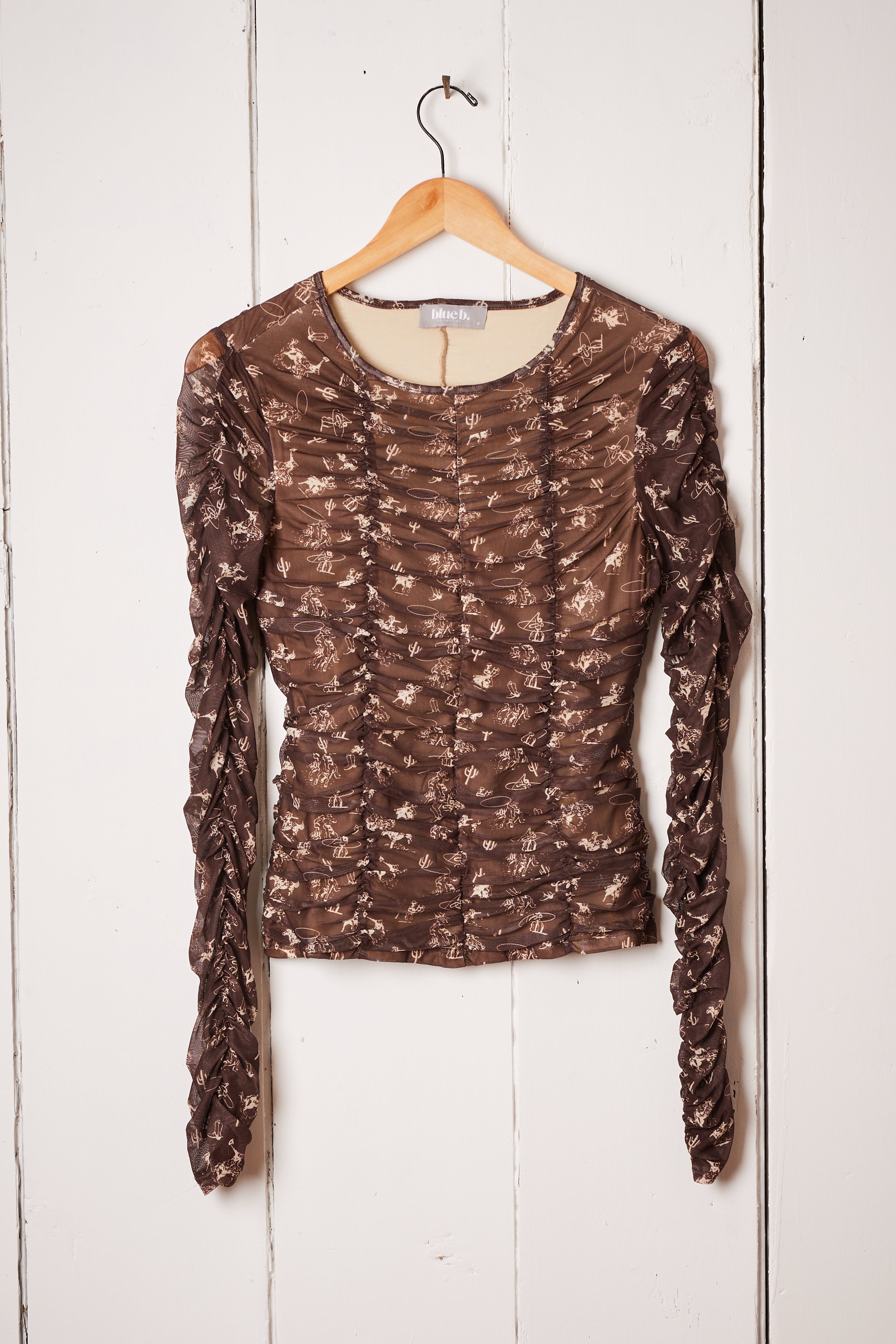 TAUPE SHEER RUCHED COWGIRL SHIRT