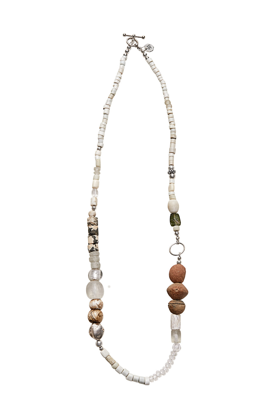 WHITE LIGHT WITH TERRA COTTA CLAY AND GREEN GLASS NECKLACE