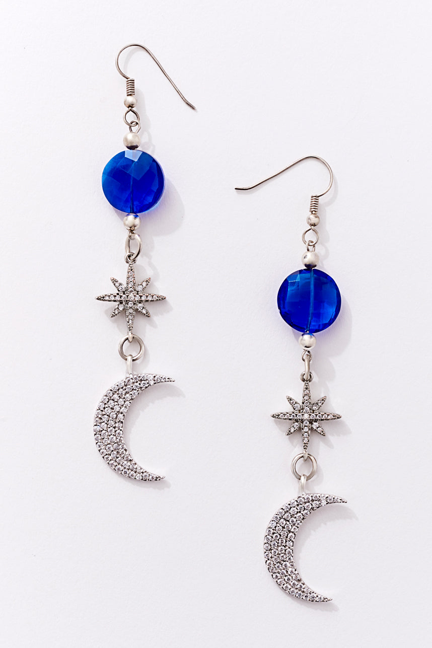 SPARKLING SAPPHIRE BLUE QUARTZ STAR AND MOON EARRINGS