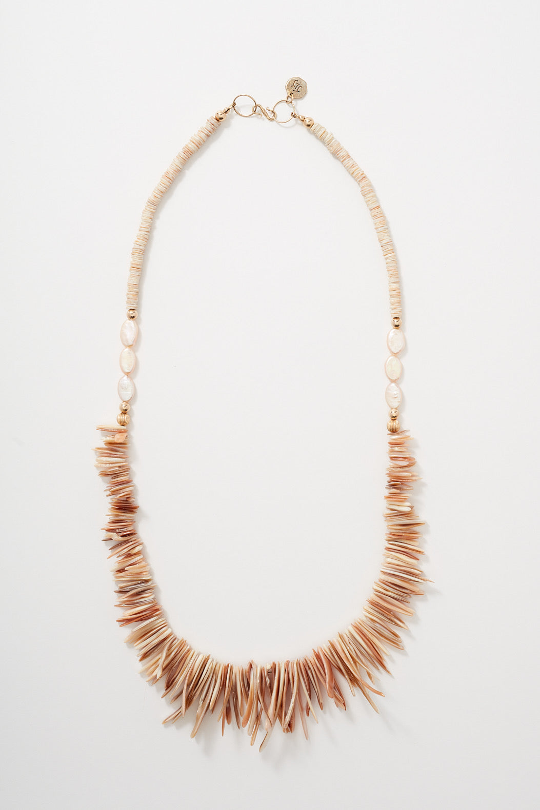 14K GOLD PINK PEARL AND SHELL NECKLACE