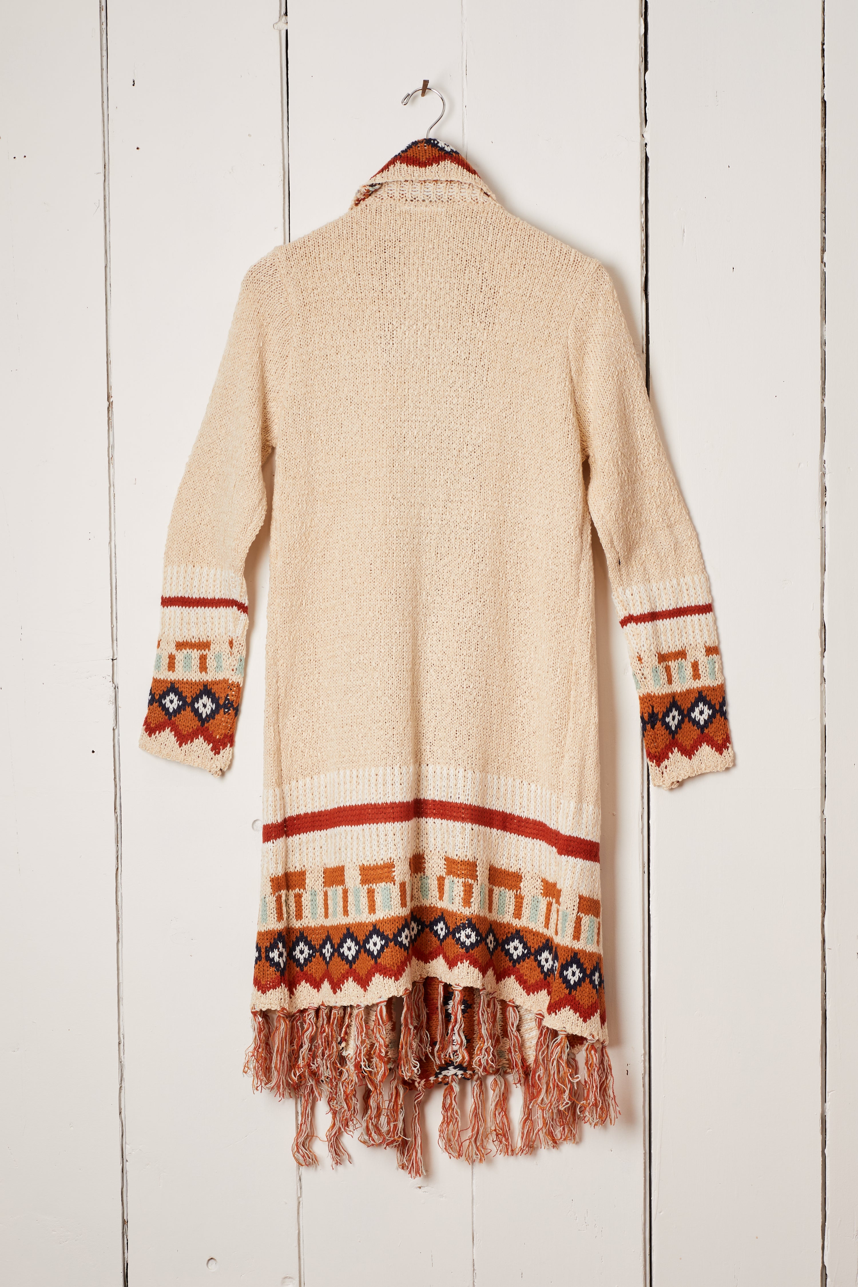 WHITE COLORFUL FRINGE DUSTER CARDIGAN