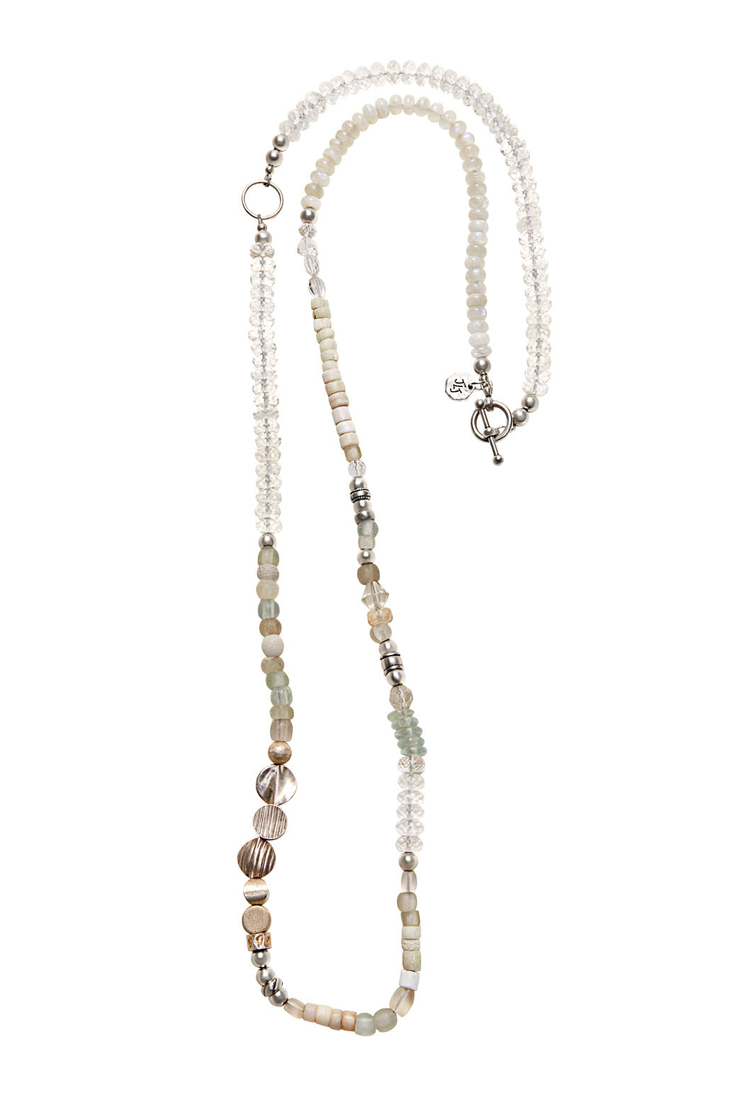 LONG CRYSTAL QUARTZ AND MOONSTONE GEOMETRIC NECKLACE