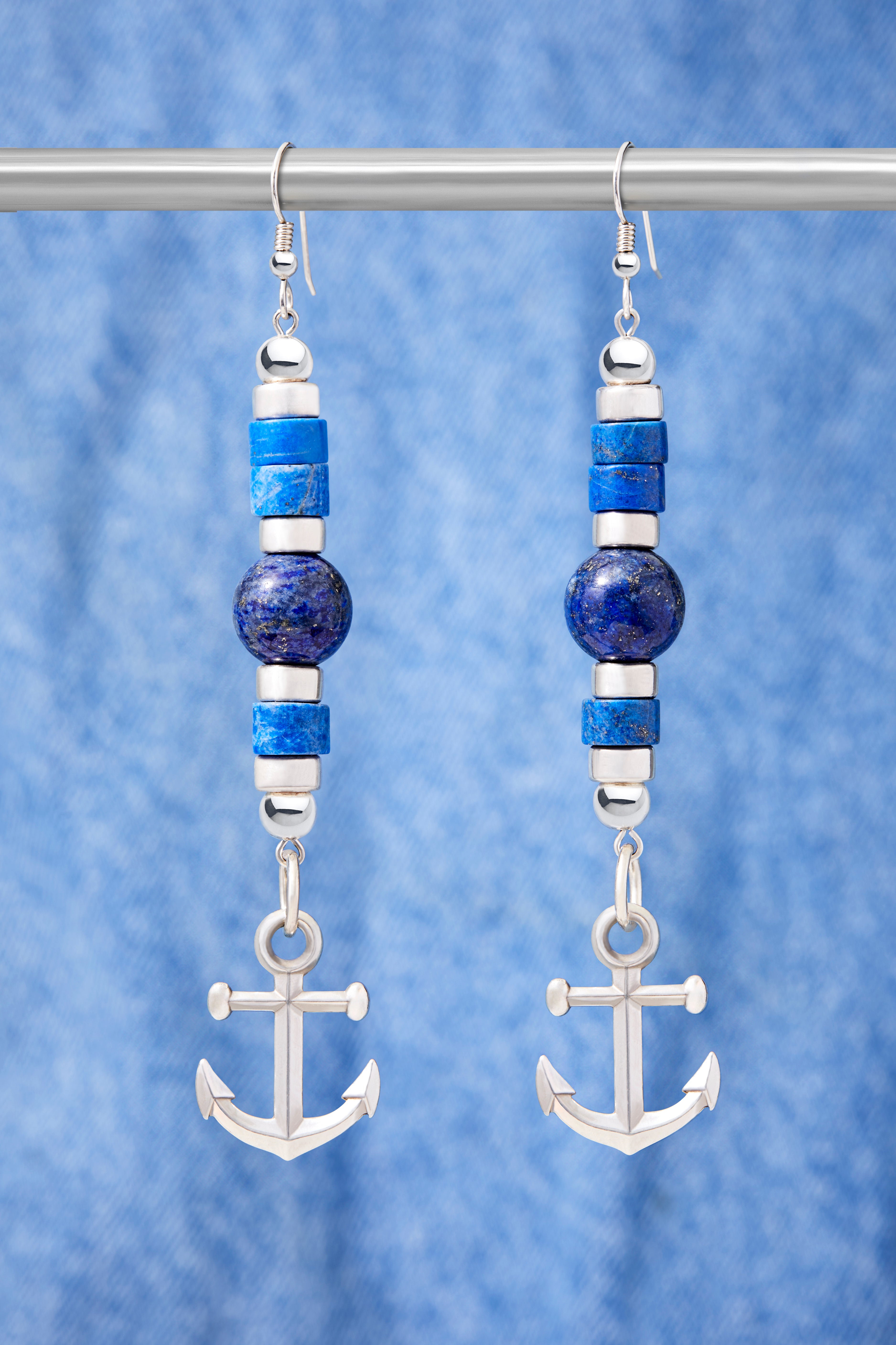 Modern Lapis And Sterling Silver Anchor Earrings