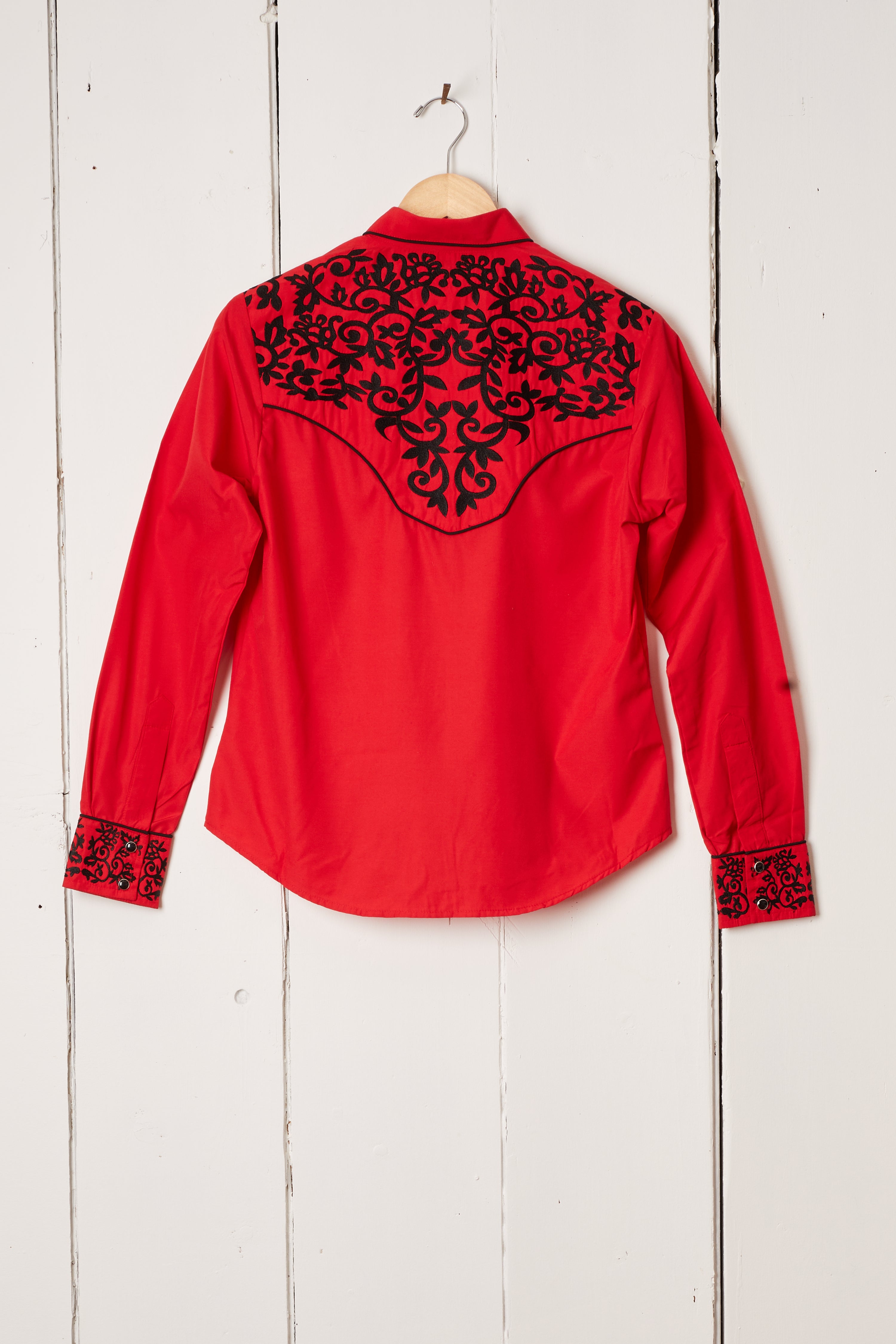 WOMENS RED AND BLACK EMBROIDERED WESTERN SHIRT