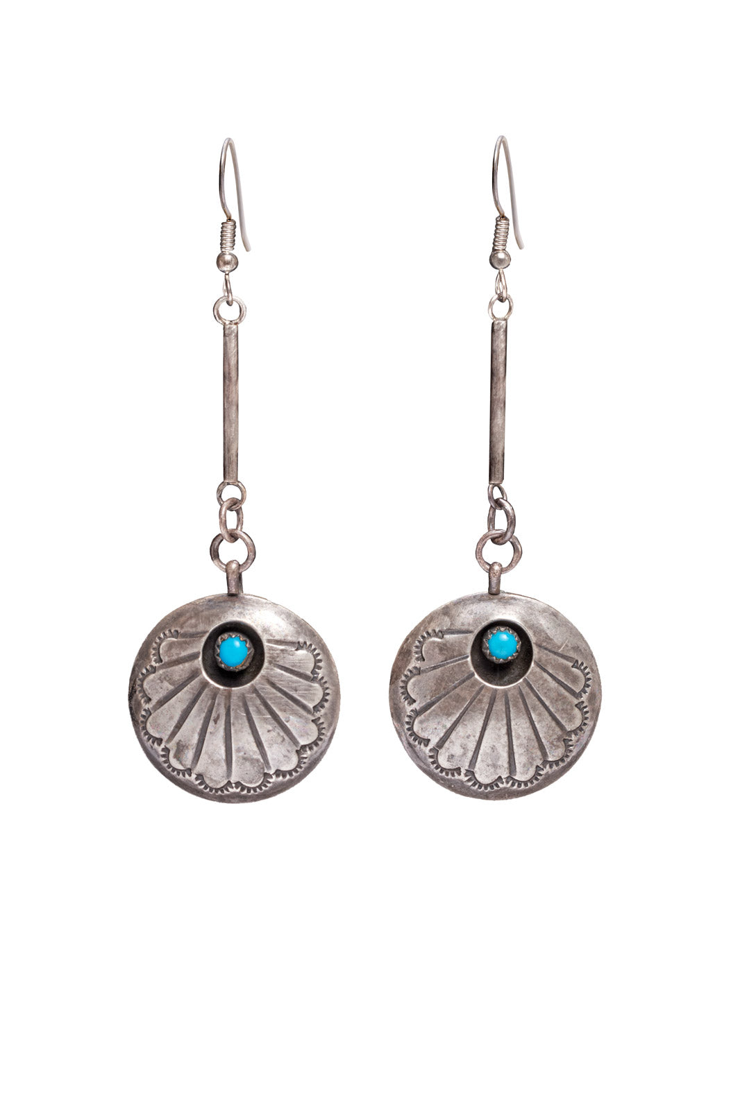 OXIDIZED STERLING SILVER BAR WITH VINTAGE STERLING SILVER AND TURQUOISE CONCHO EARRINGS