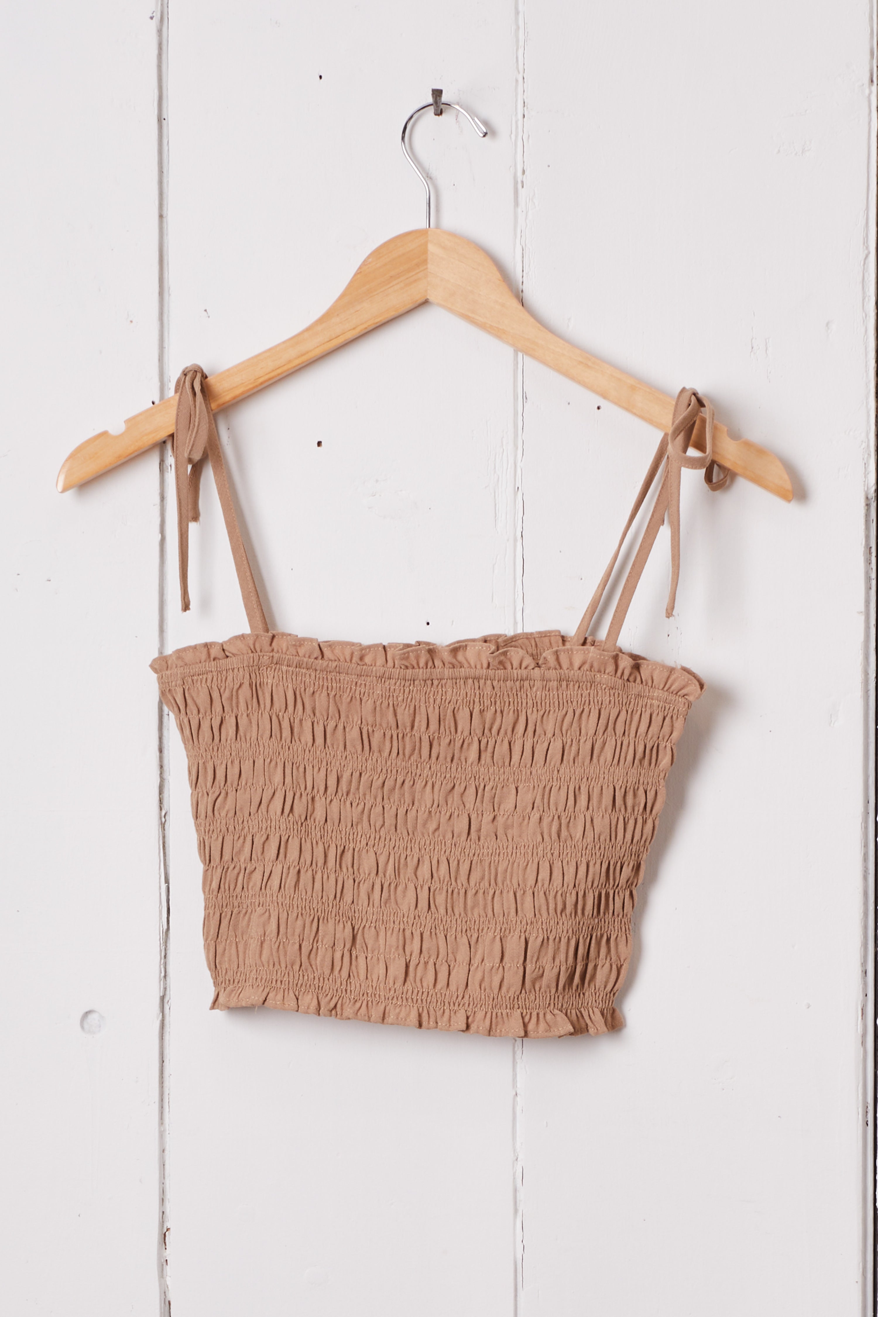 TAN SMOCKED CROP TOP