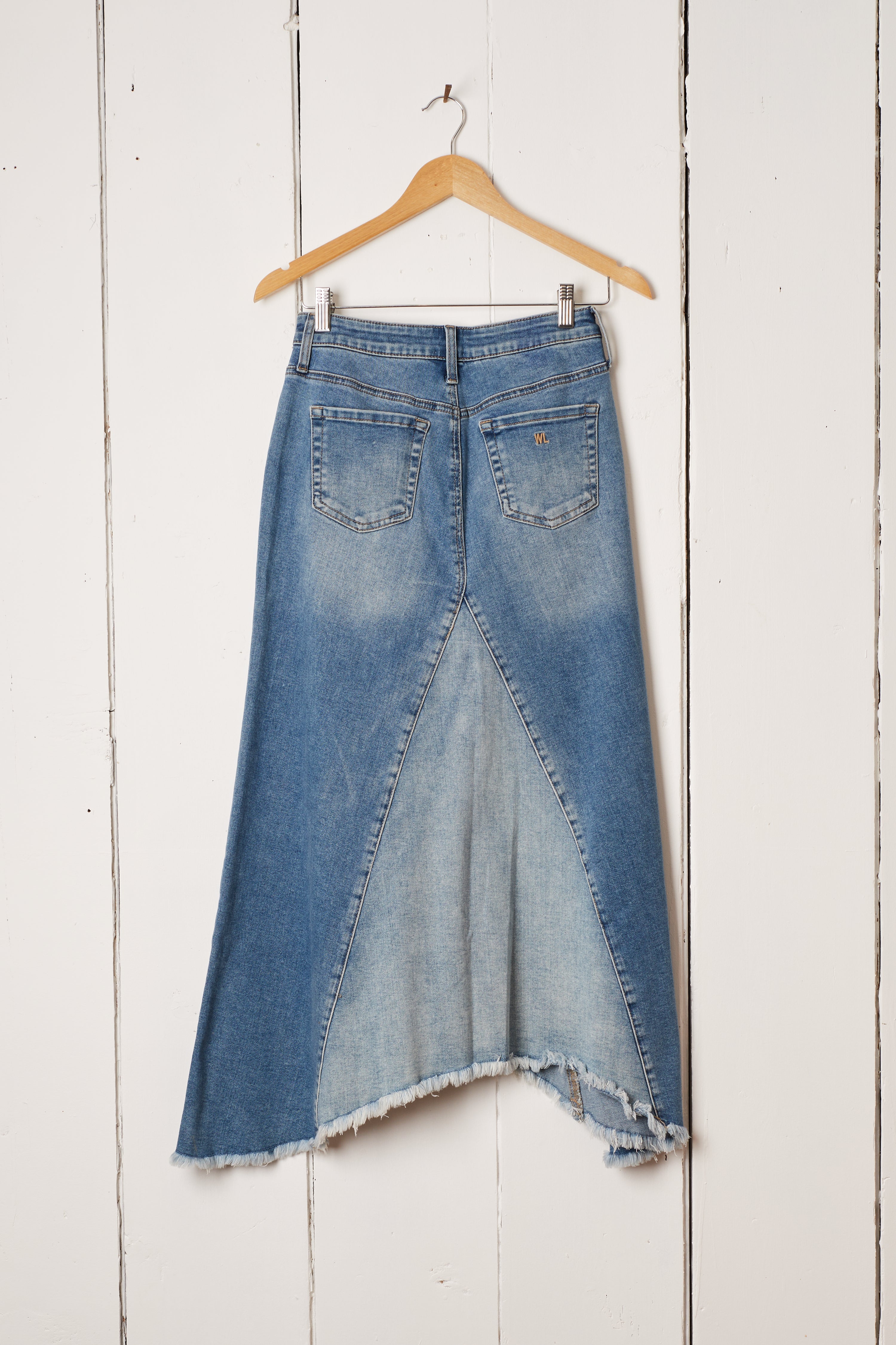 LONG BLUE DENIM SWIRL SKIRT