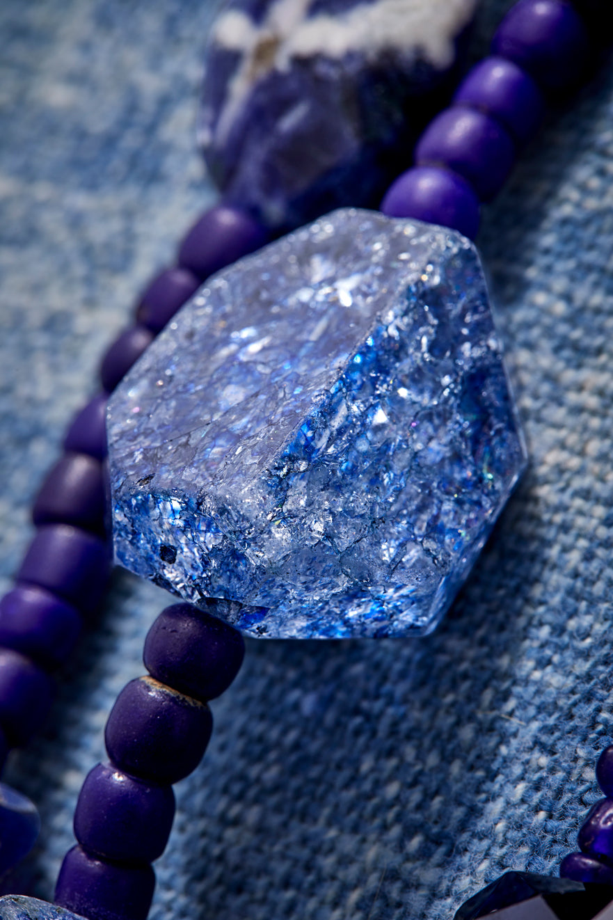 Blue Denim And Gemstones Multi-Strand Necklace