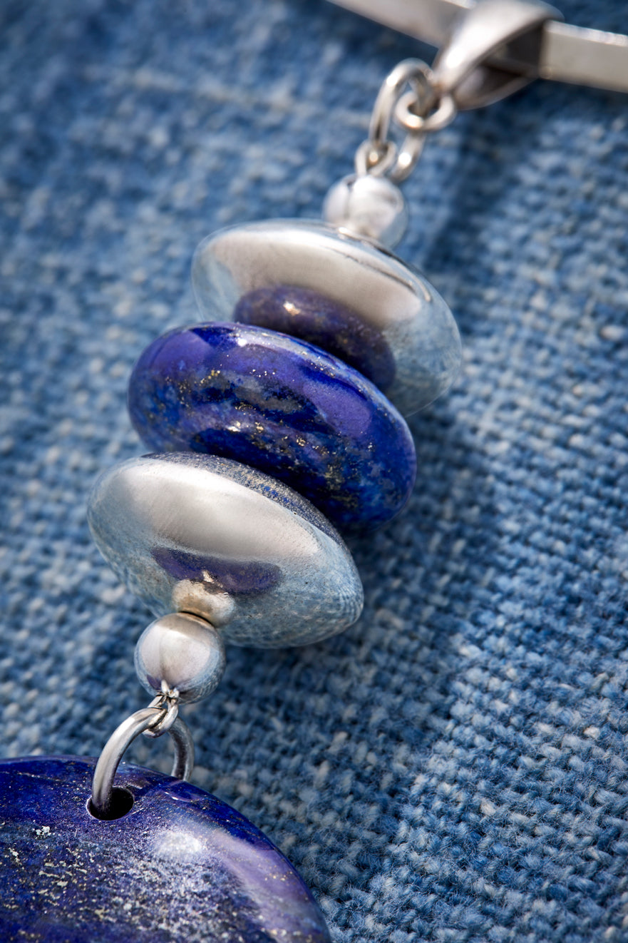 Modern Sterling Silver And Lapis Pendant Choker Necklace
