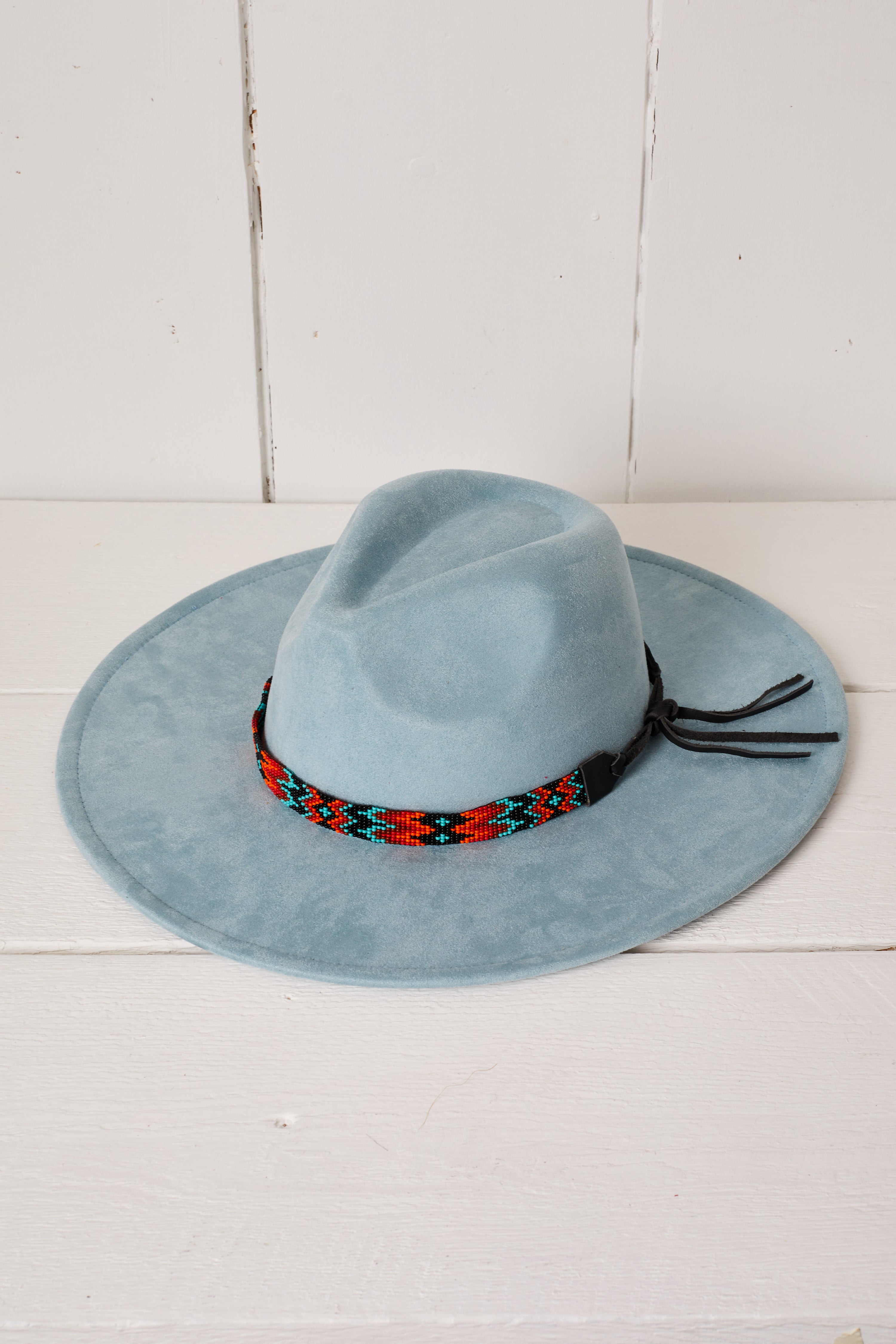 LIGHT BLUE VEGAN SUEDE BRIGHT BEADED COWBOY HAT