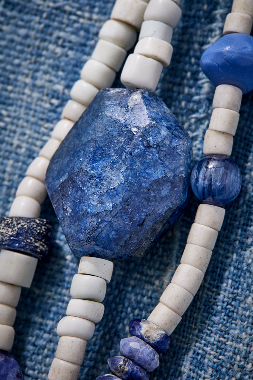 White Denim And Gemstones Multi-Strand Necklace