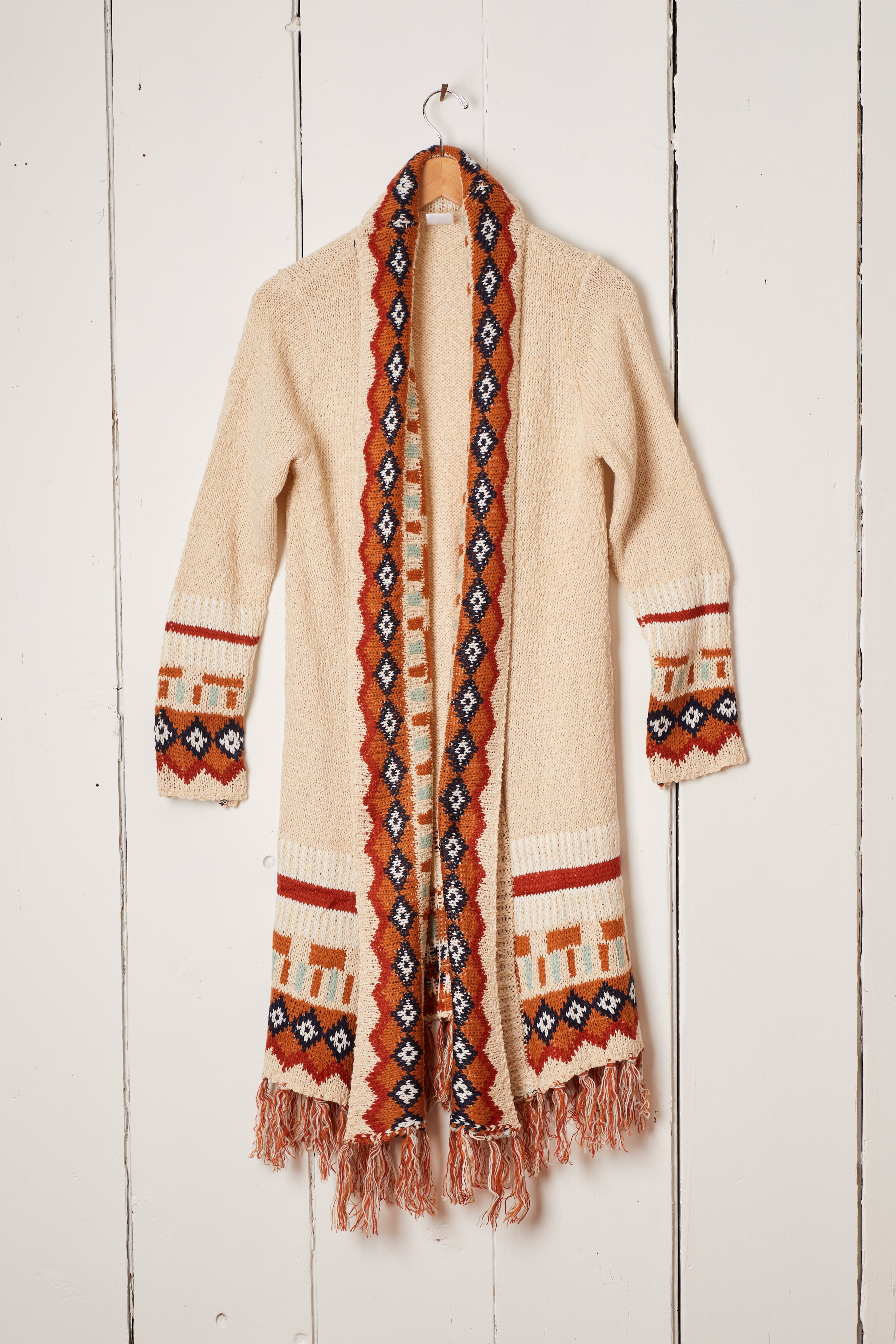 WHITE COLORFUL FRINGE DUSTER CARDIGAN