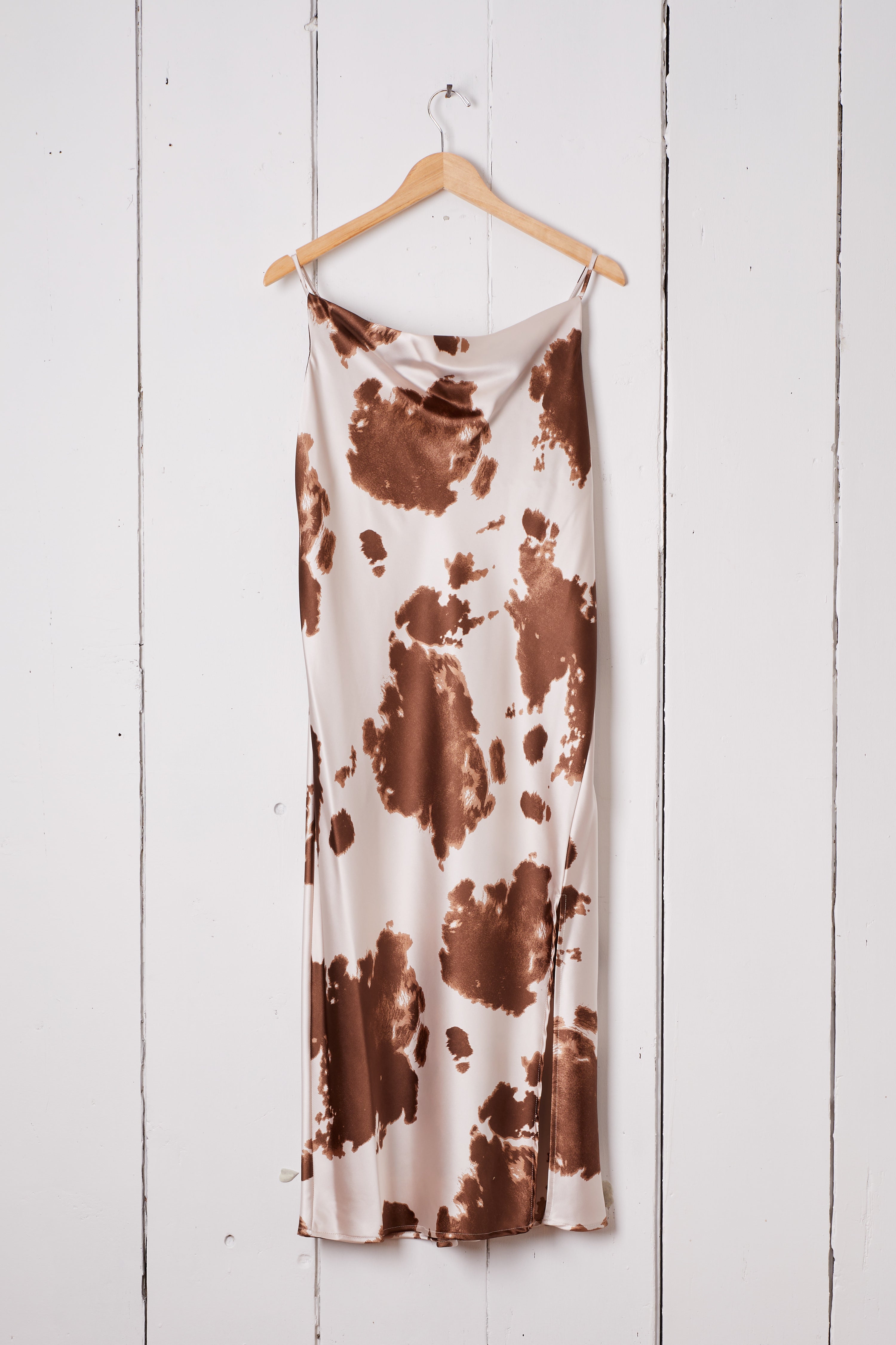 BROWN AND WHITE WESTERN COWHIDE PRINT SLIP DRESS
