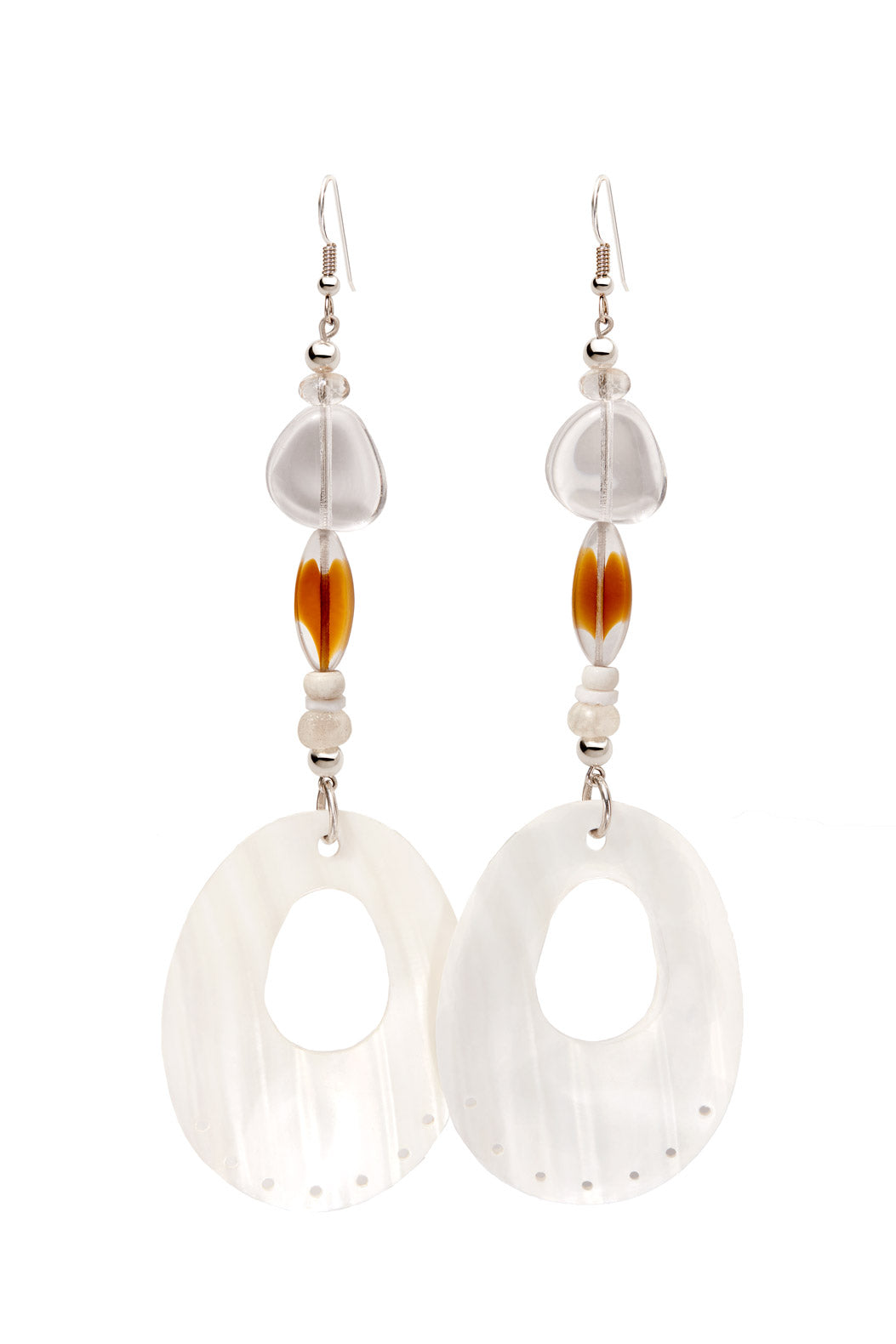 LONG CLEAR AND HONEY OVAL PRINT SHELL EARRINGS