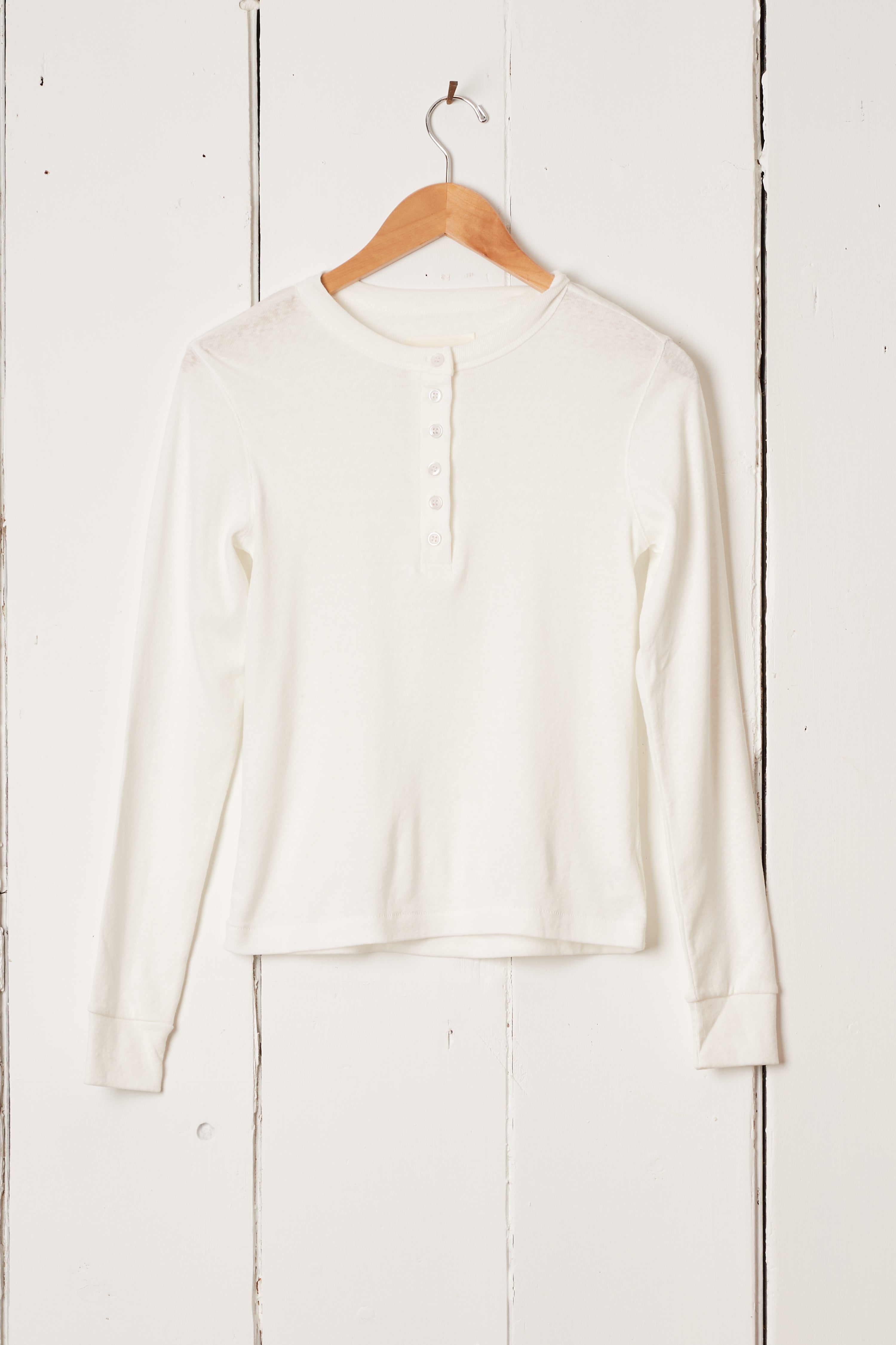 LONG SLEEVE WHITE COTTON HENLEY ROUND COLLARED SHIRT