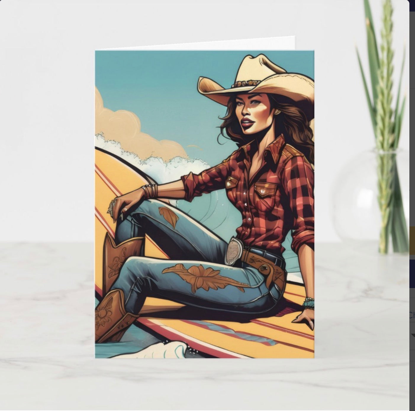 RUGGED COWGIRL ON SURF BOARD GREETING CARD