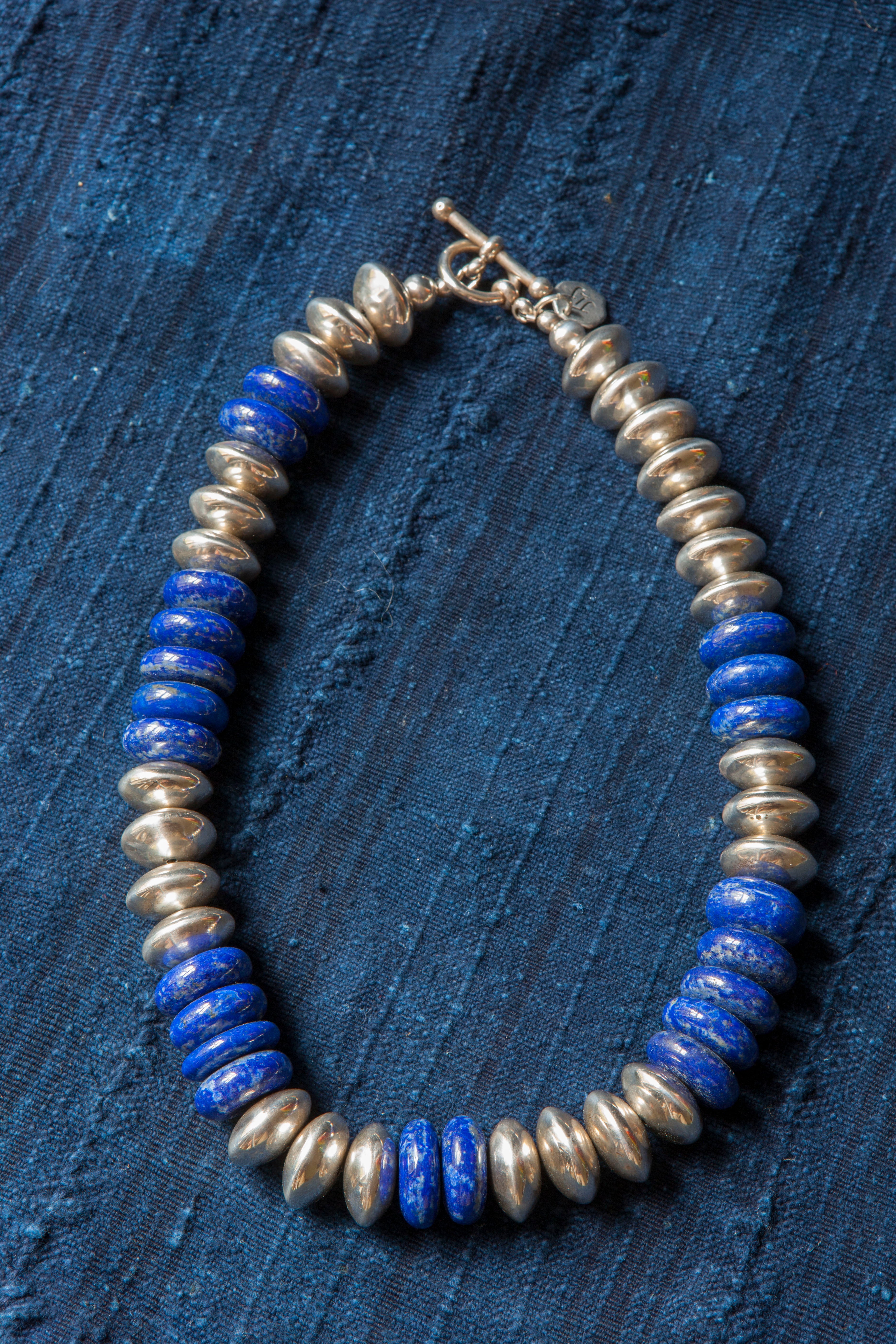 LARGE STERLING SILVER AND SPONGEWARE BLUE LAPIS NECKLACE