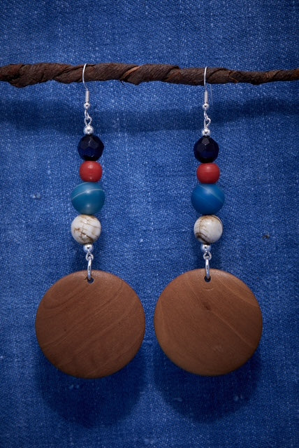NAVY ORANGE CAMPFIRE BLUE WOOD EARRINGS