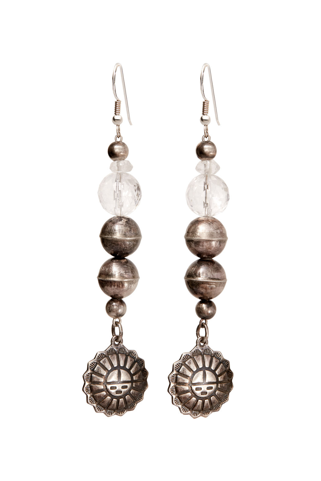 CRYSTAL QUARTZ AND OXIDIZED STERLING SILVER SUN GOD EARRINGS