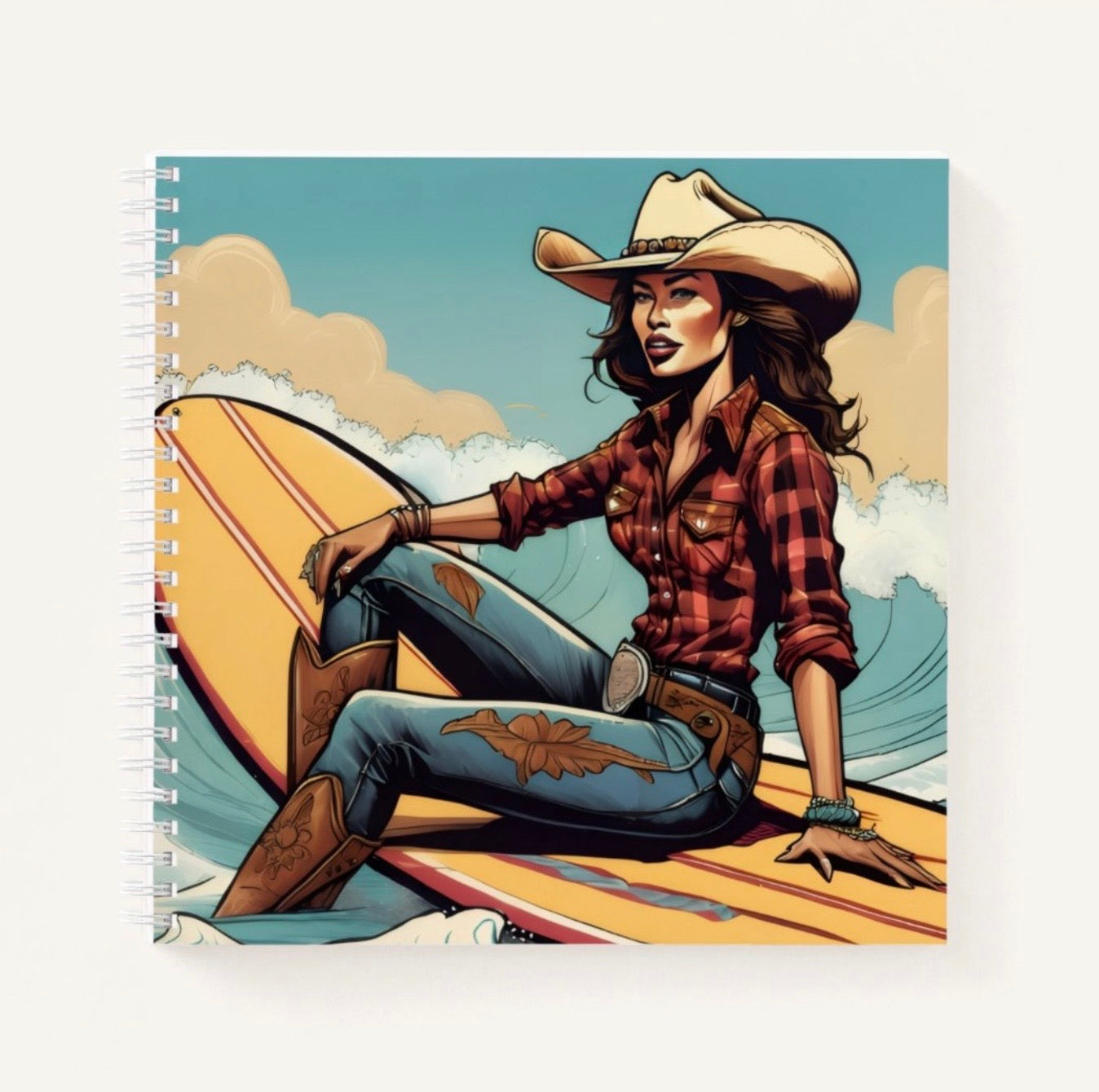 RUGGED COWGIRL ON SURF BOARD HARD COVER JOURNAL