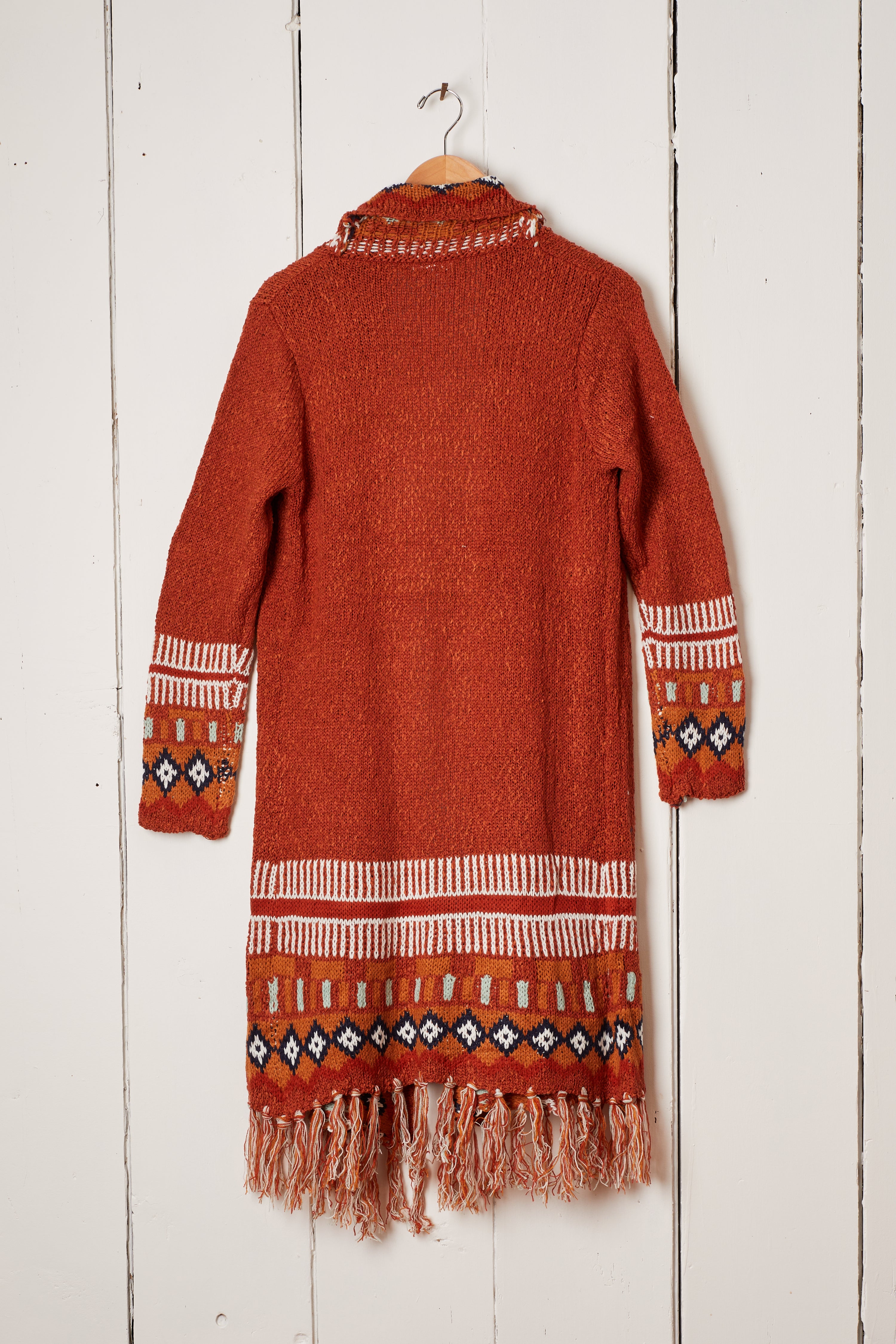 RUST COLORFUL FRINGE DUSTER CARDIGAN