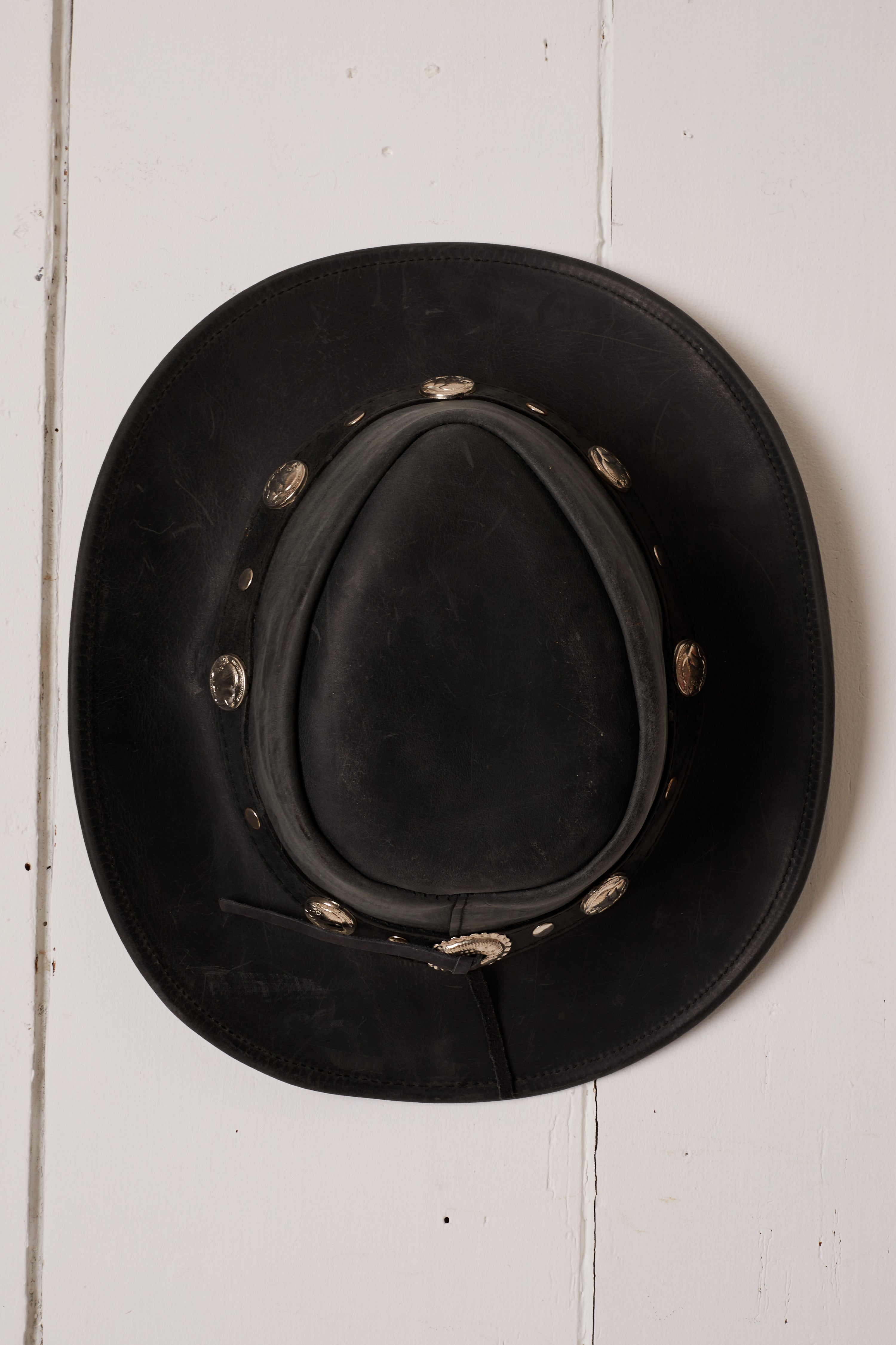 BLACK LEATHER SILVER COIN COWBOY HAT