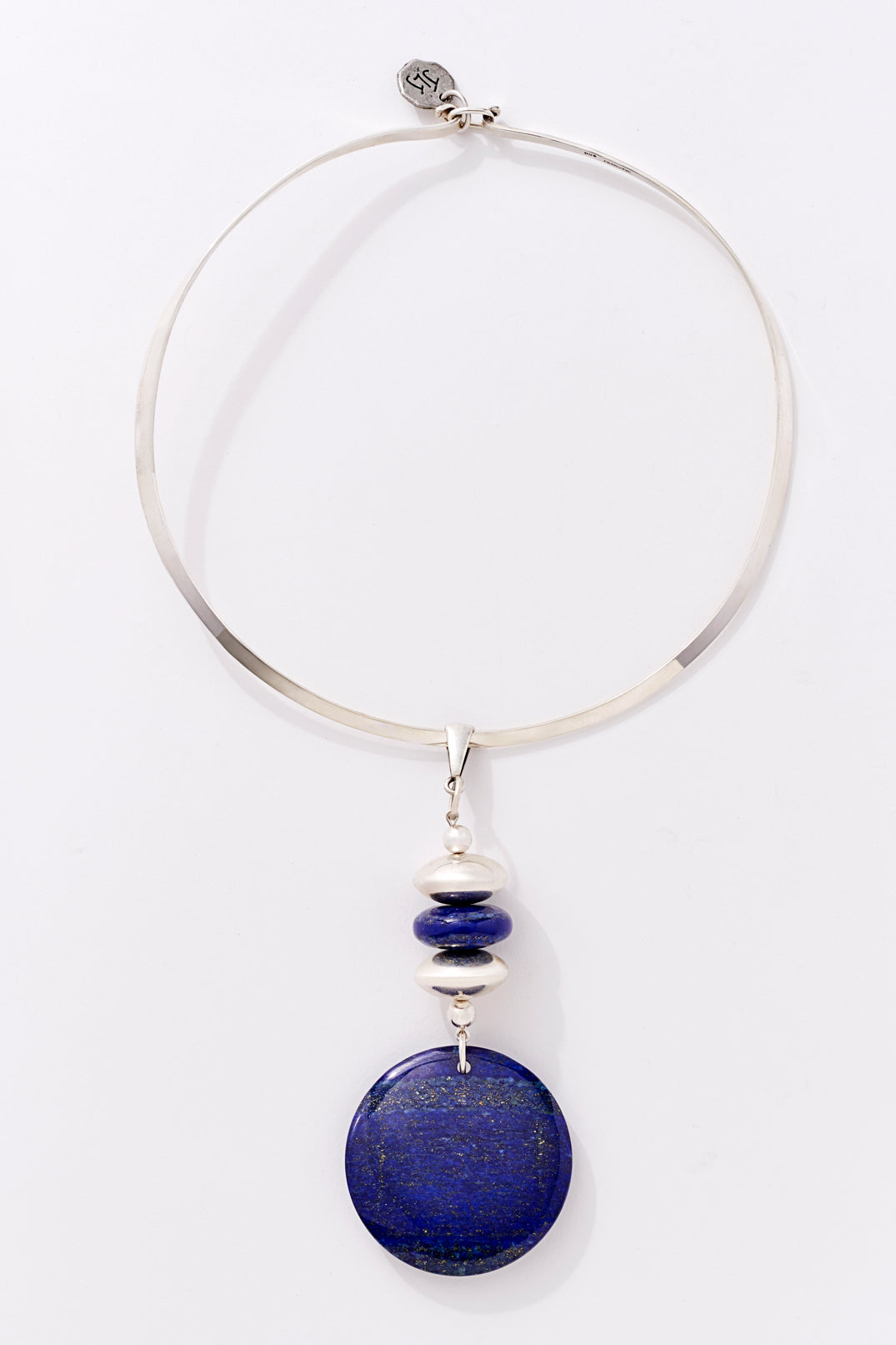 Modern Sterling Silver And Lapis Pendant Choker Necklace