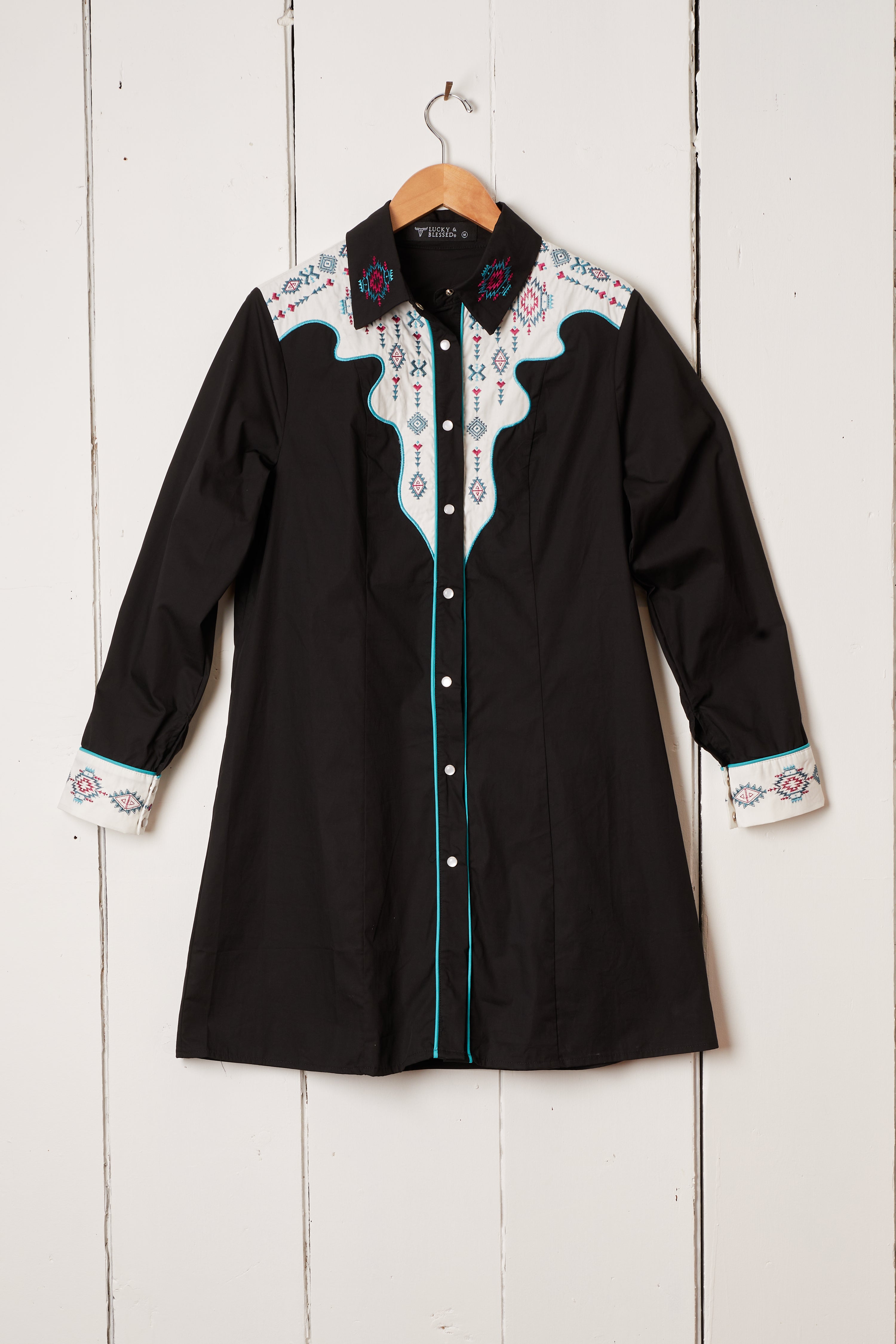 BLACK EMBROIDERED WESTERN SHIRT DRESS