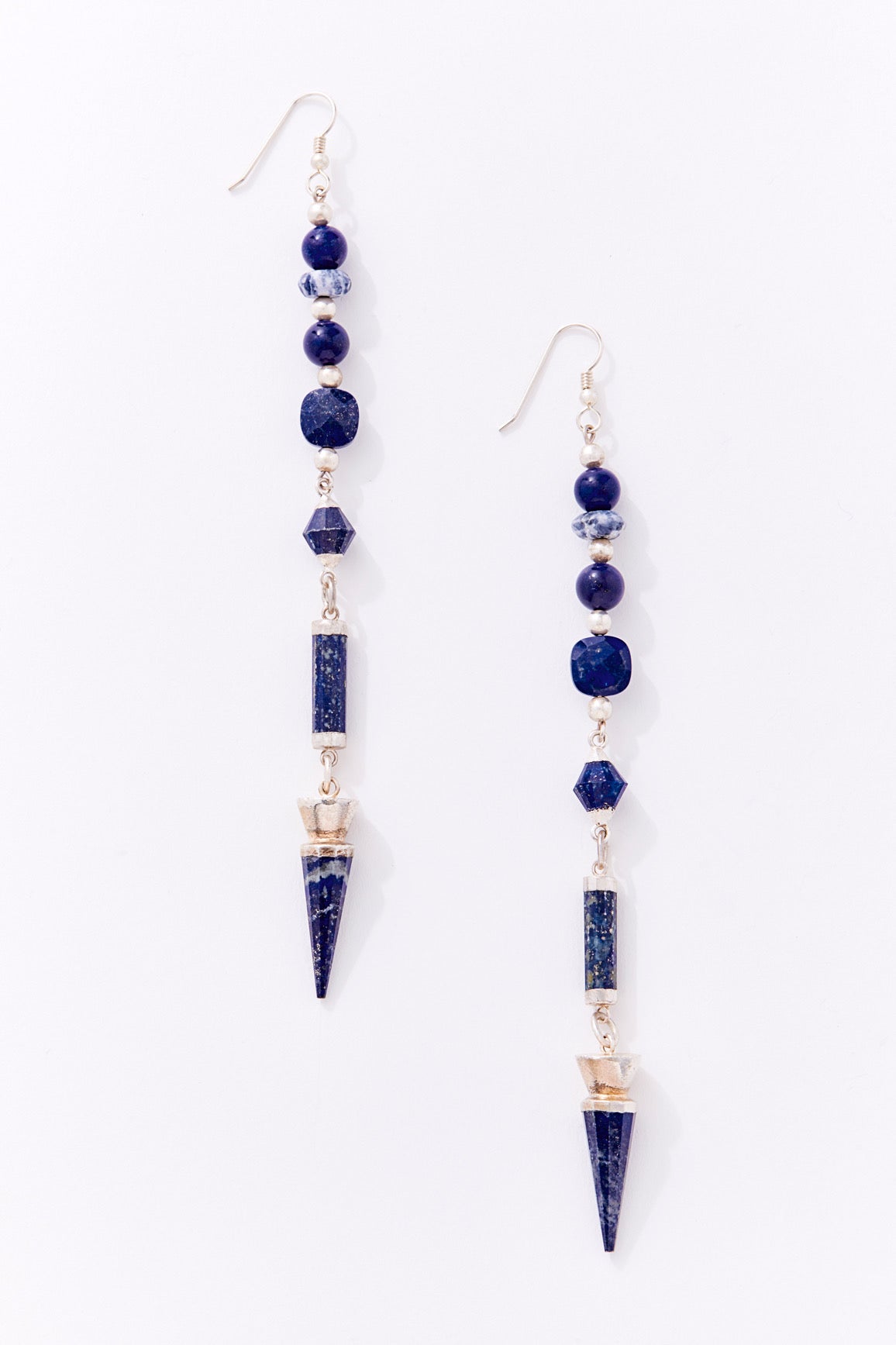 LONG LAPIS AND STERLING SILVER POINT DROP EARRINGS