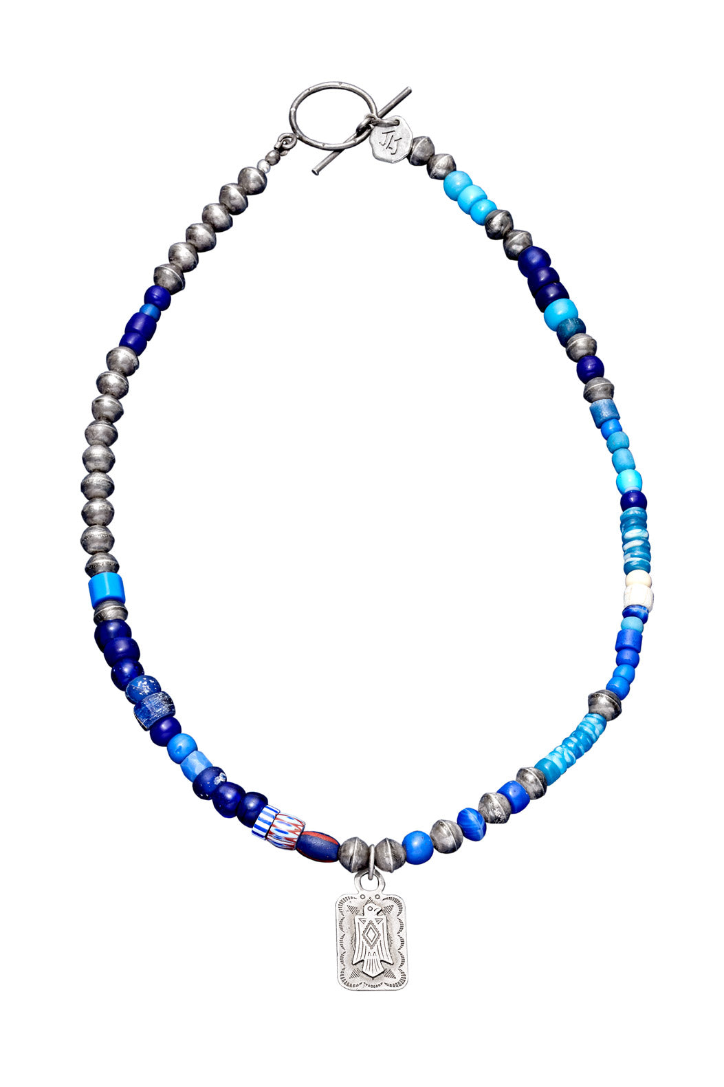 OXIDIZED STERLING SILVER AND BLUE NECKLACE WITH VINTAGE THUNDERBIRD PENDANT