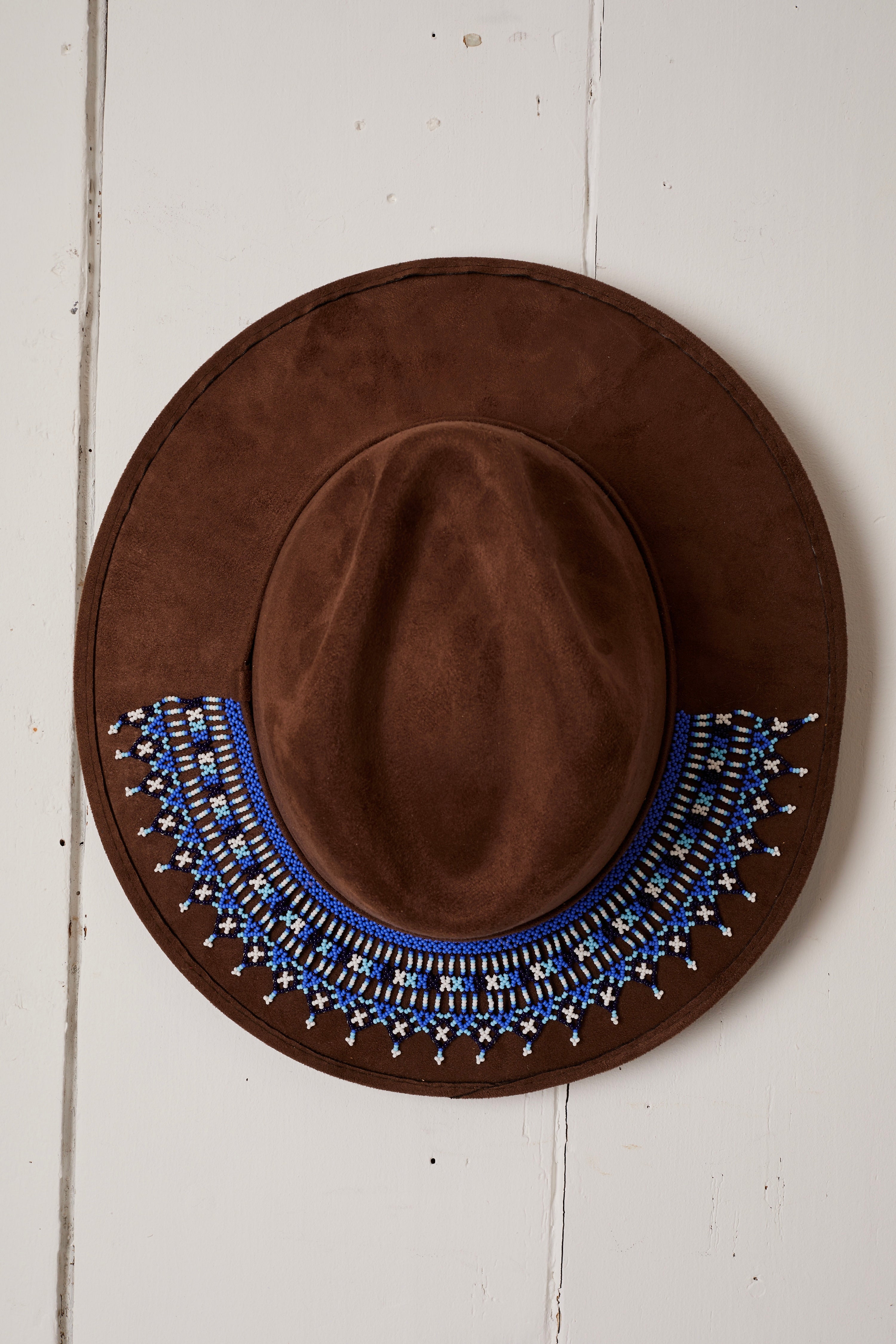 BROWN FELT BLUE HALF CIRCLE BEADED COWBOY HAT