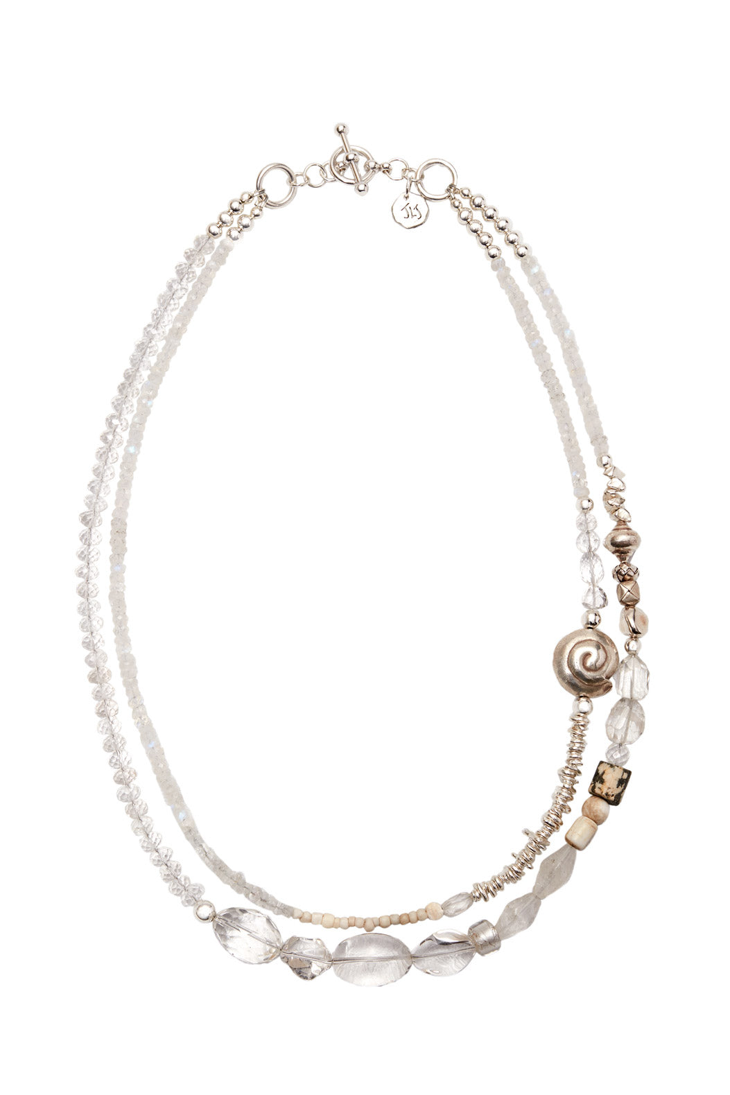 CRYSTAL QUARTZ AND STERLING SILVER MULTI SHELL DOUBLE STRAND NECKLACE