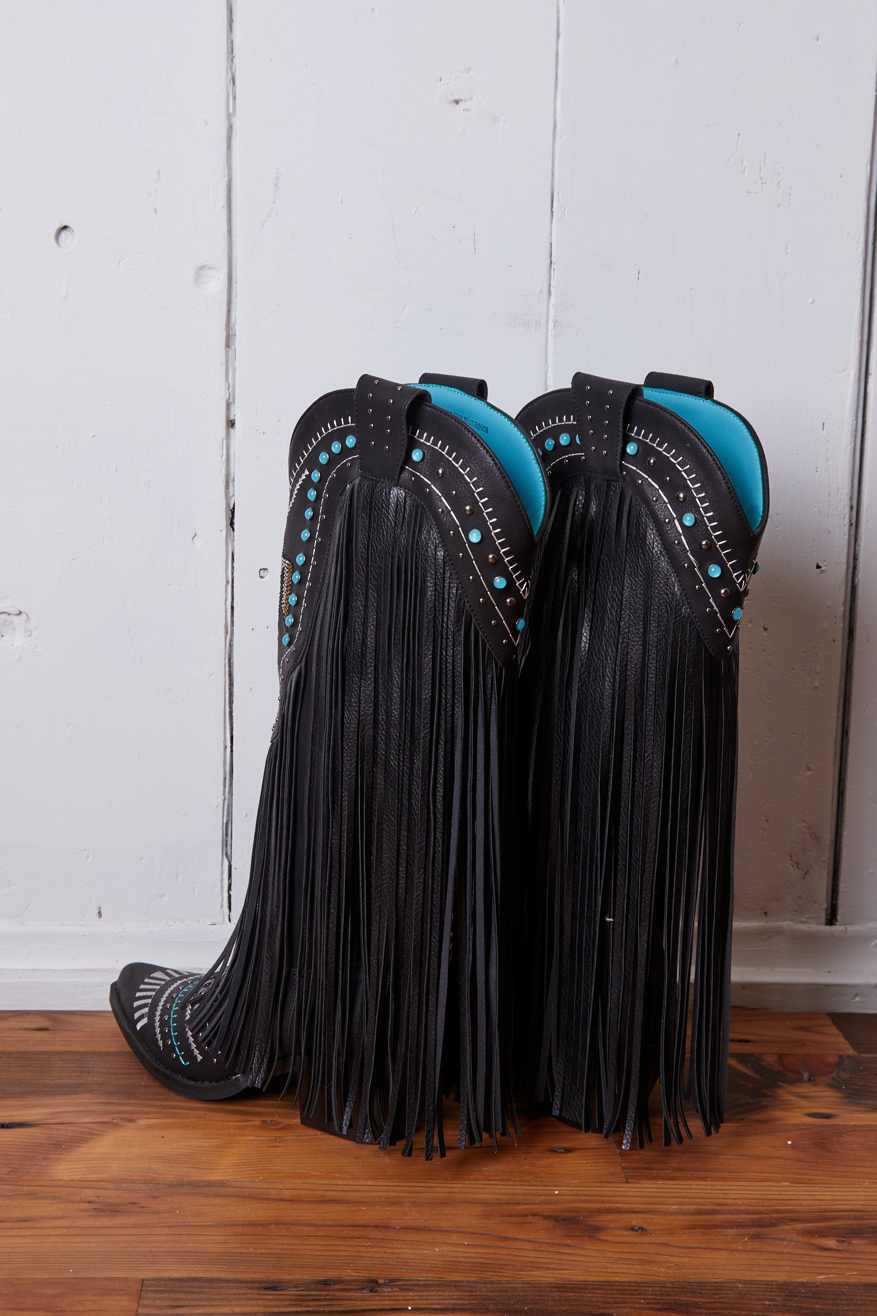 BLACK AND RHINESTONE THUNDERBIRD FRINGE COWBOY BOOTS