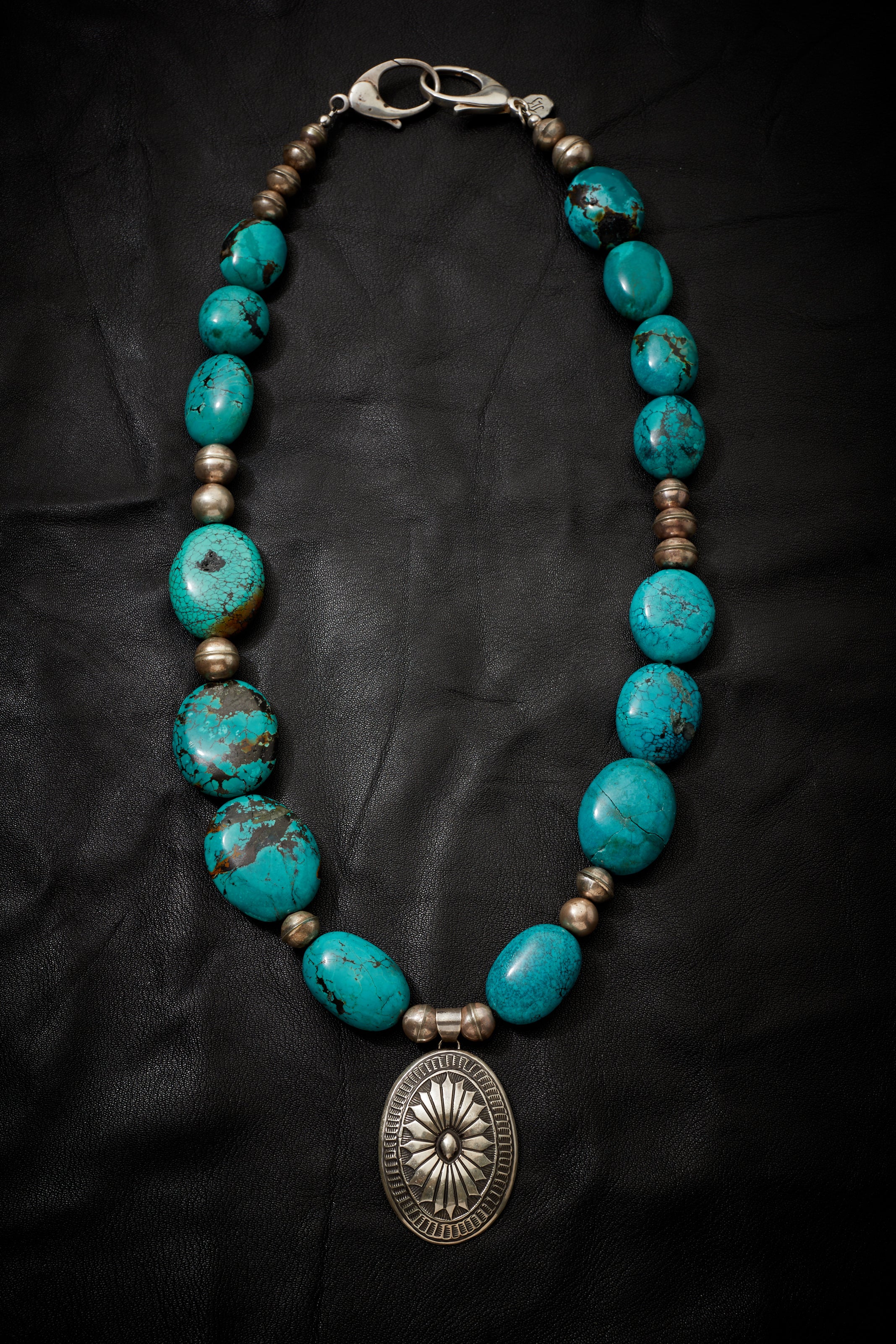 LARGE TURQUOISE STONE AND CONCHO PENDANT NECKLACE