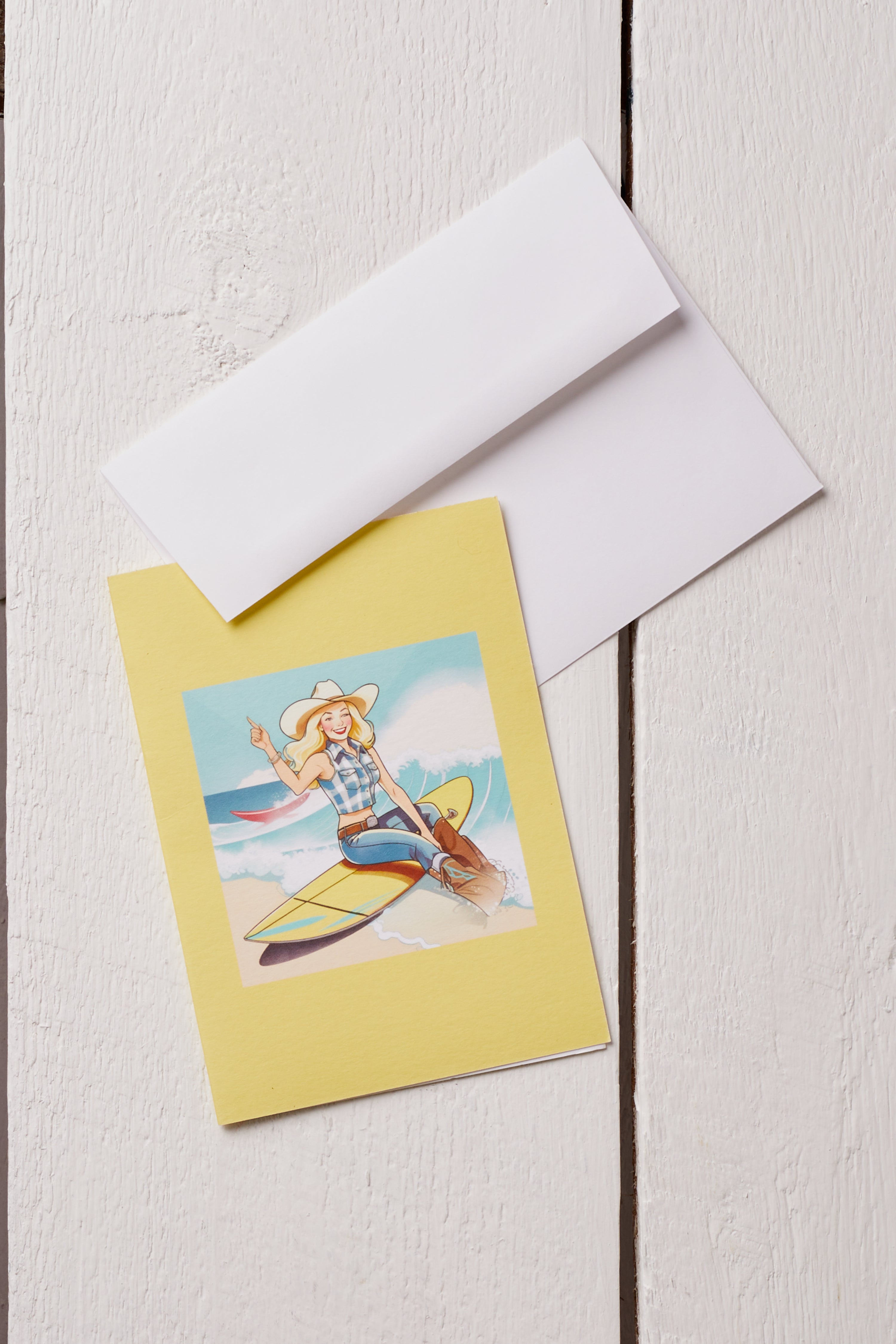 GIDDY UP SURF GIRL GREETING CARD