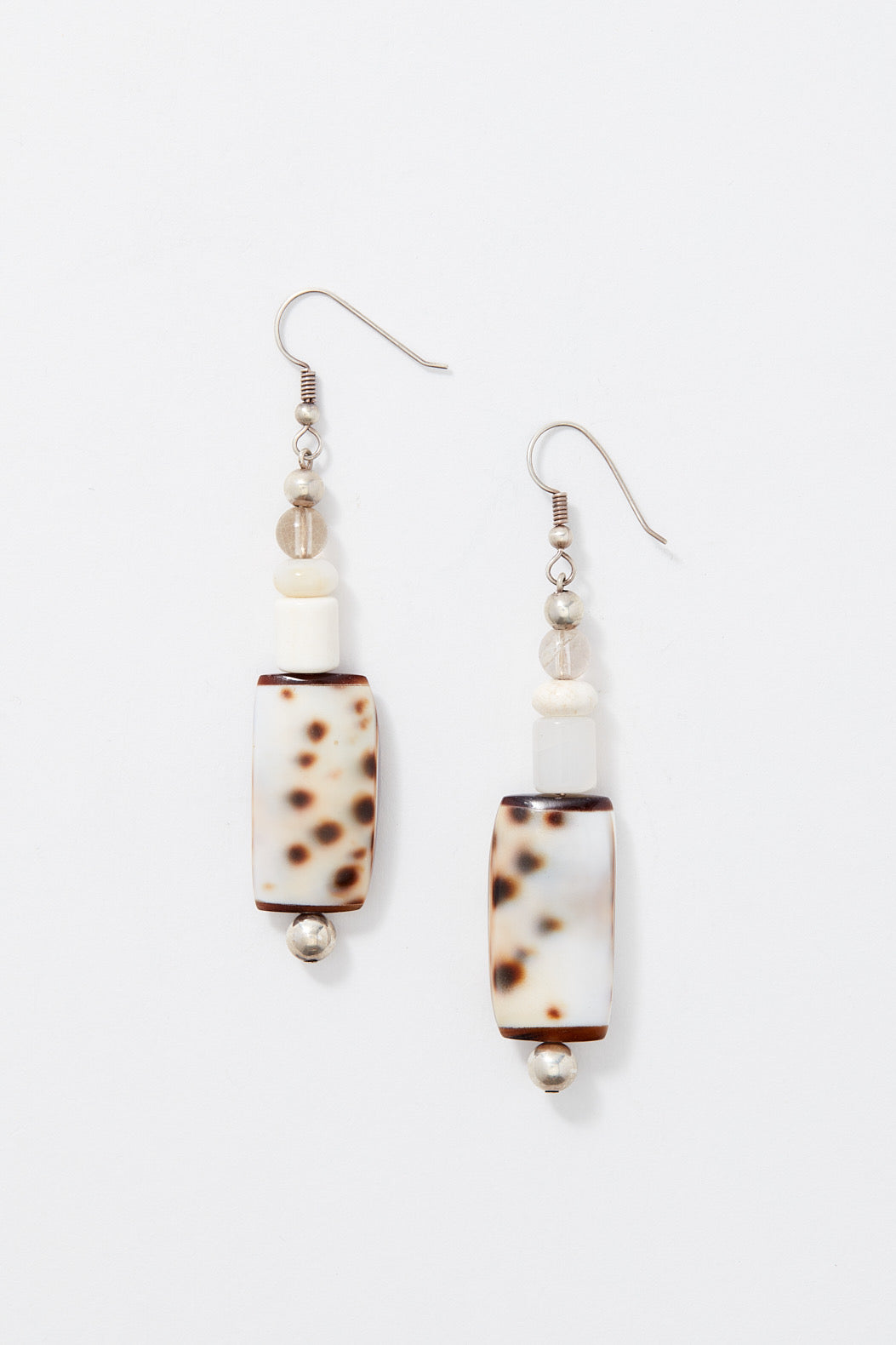 QUARTZ AND WHITE OPAL SPOTTED SHELL EARRINGS