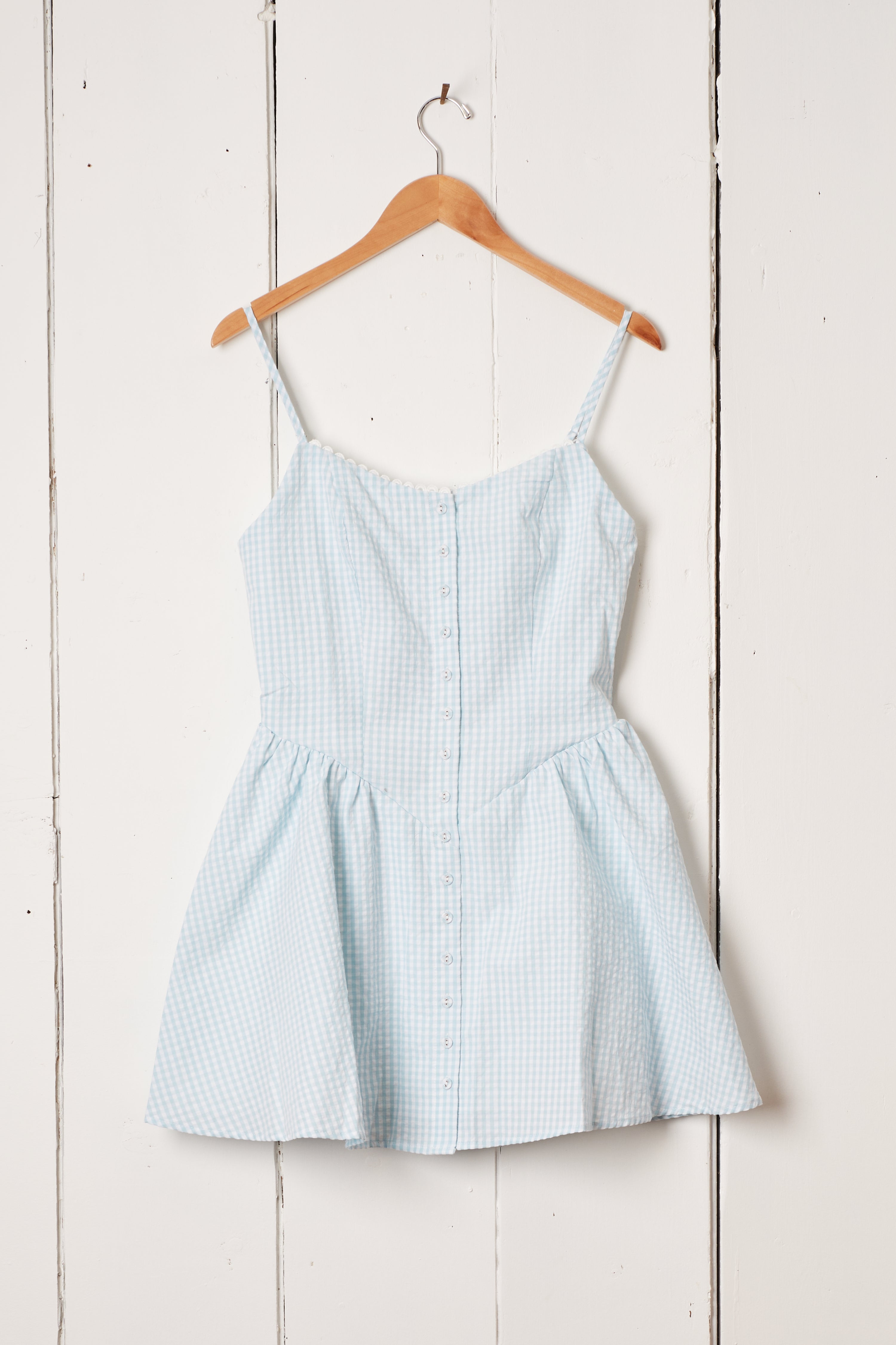 LIGHT BLUE LACE GINGHAM MINI DRESS