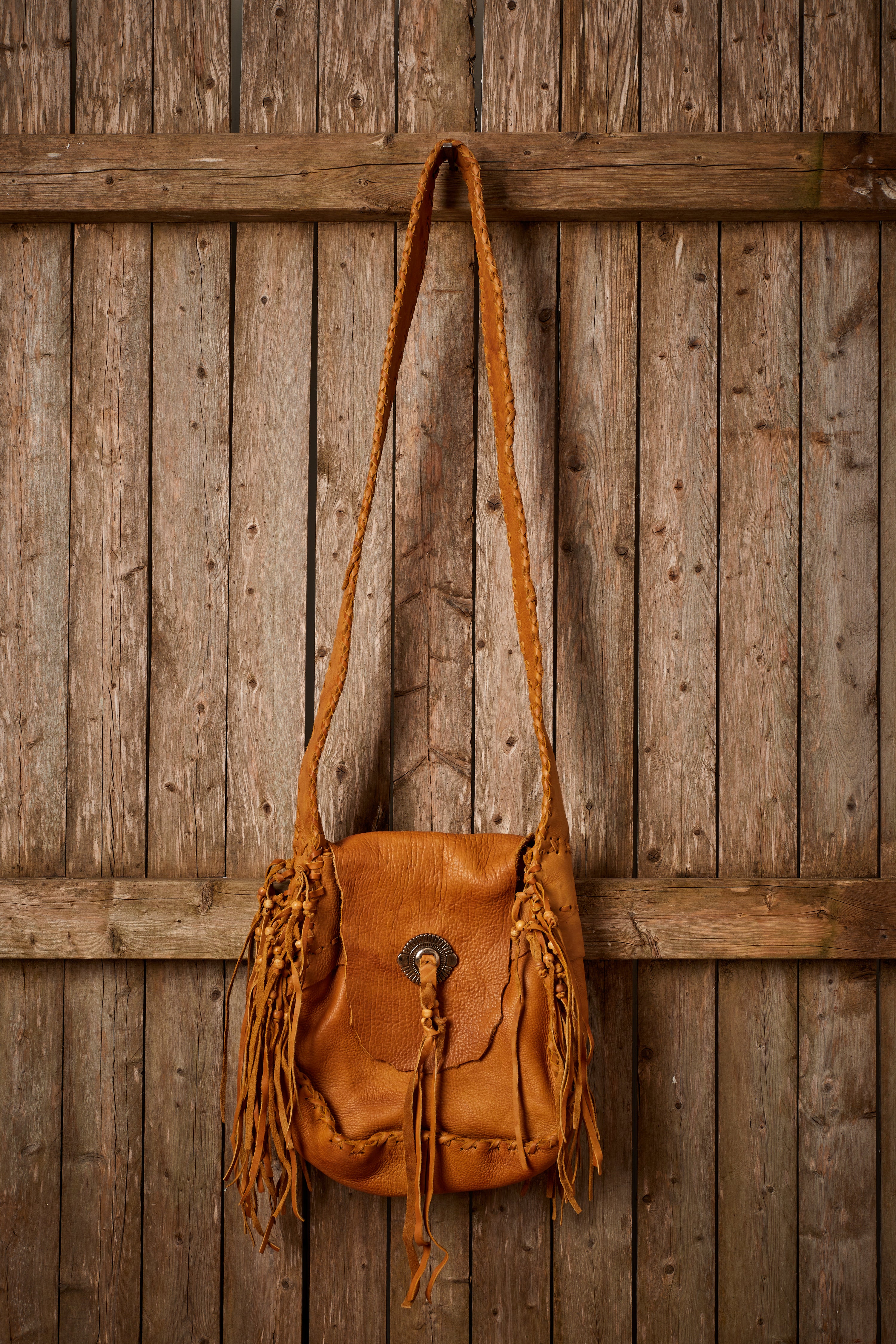 TAN BEADED CONCHO BEADED FRINGE BAG