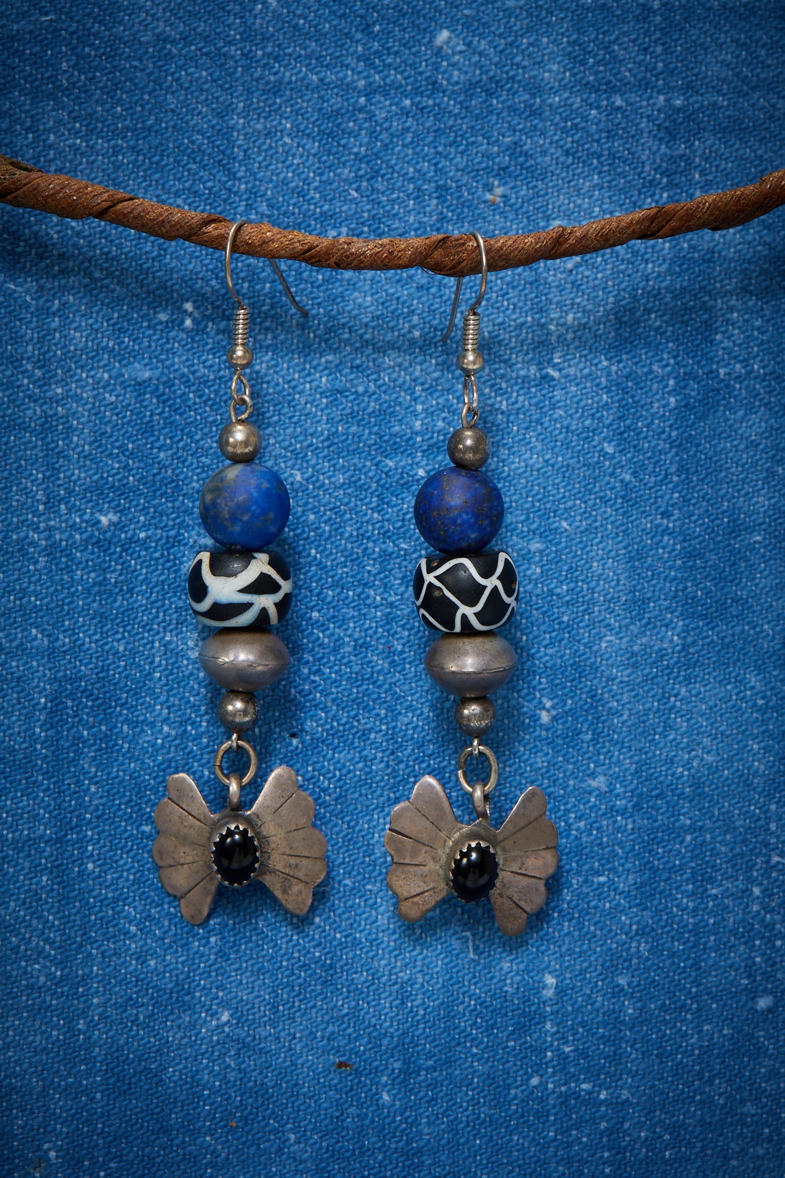 LAPIS AND VINTAGE STERLING SILVER INLAY BUTTERFLY EARRINGS