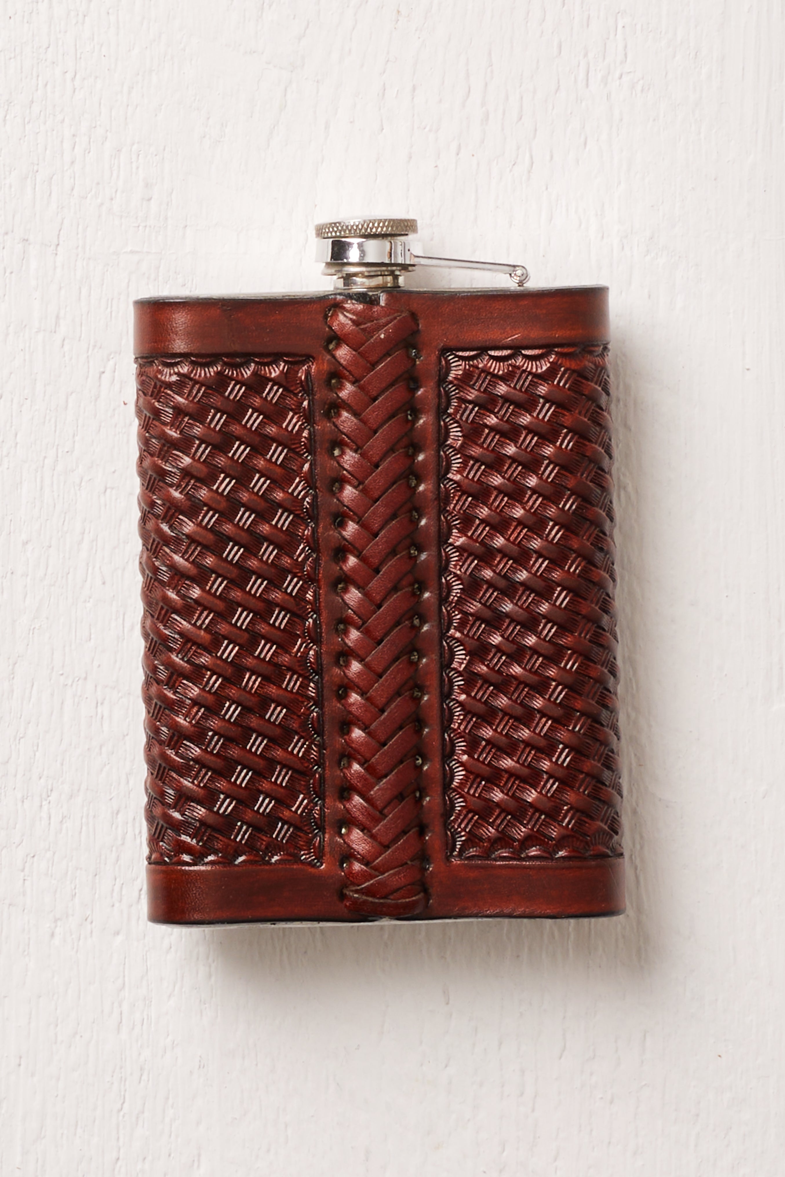 BROWN LEATHER BASKET WEAVE FLASK