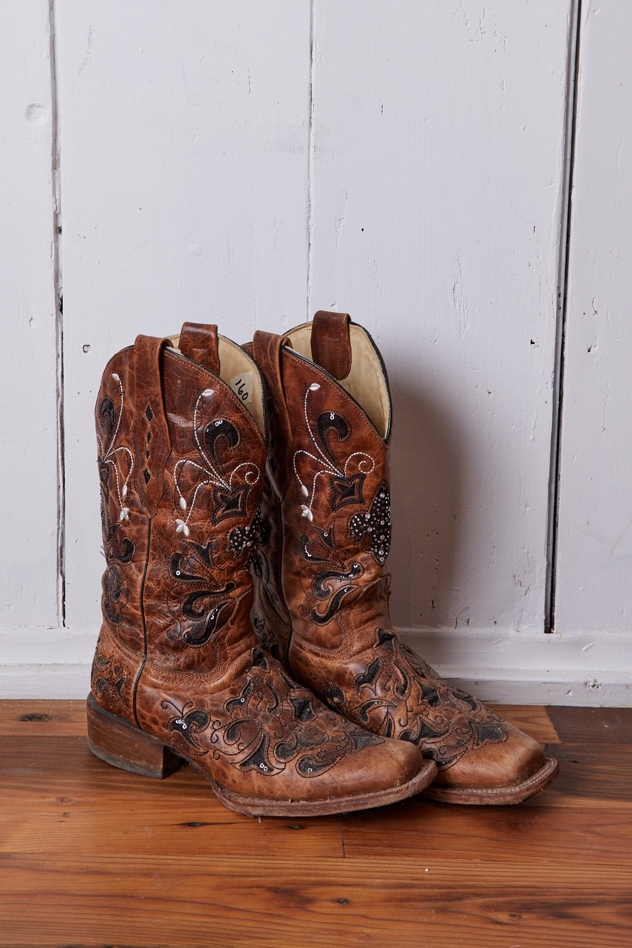 VINTAGE BROWN AND BLACK RHINESTONE COWBOY BOOTS