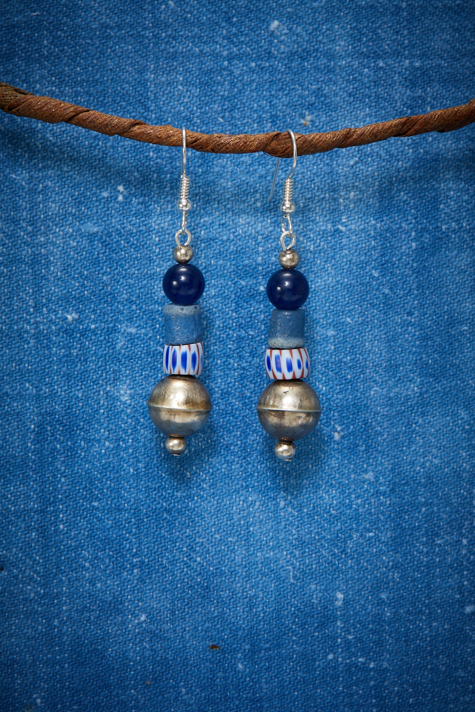 SMALL RUSTIC INDIGO AND STRIPE OXIDIZED STERLING SILVER EARRINGS