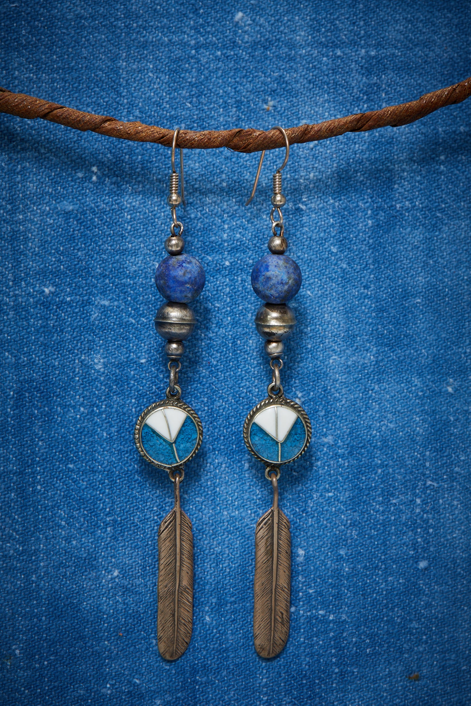 LAPIS AND VINTAGE STERLING SILVER ROUND DROPS WITH FEATHERS