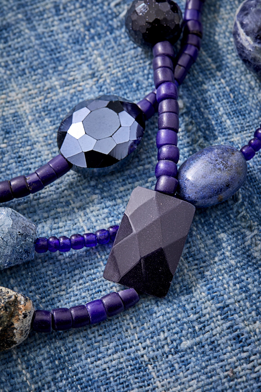 Blue Denim And Gemstones Multi-Strand Necklace