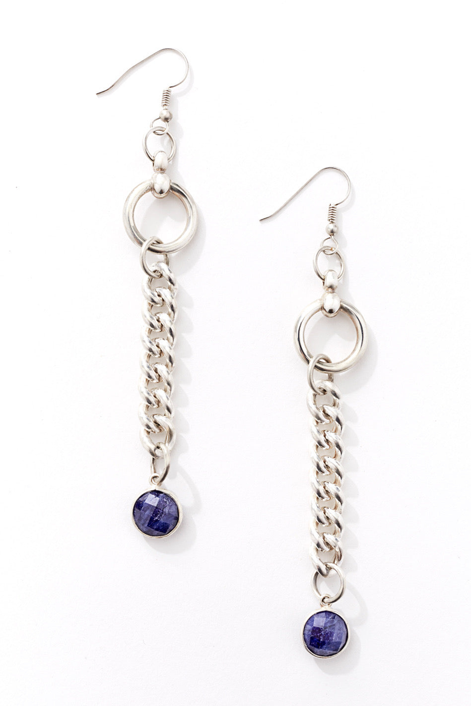 Sterling Silver Chain And Blue Sapphire Drop Earrings
