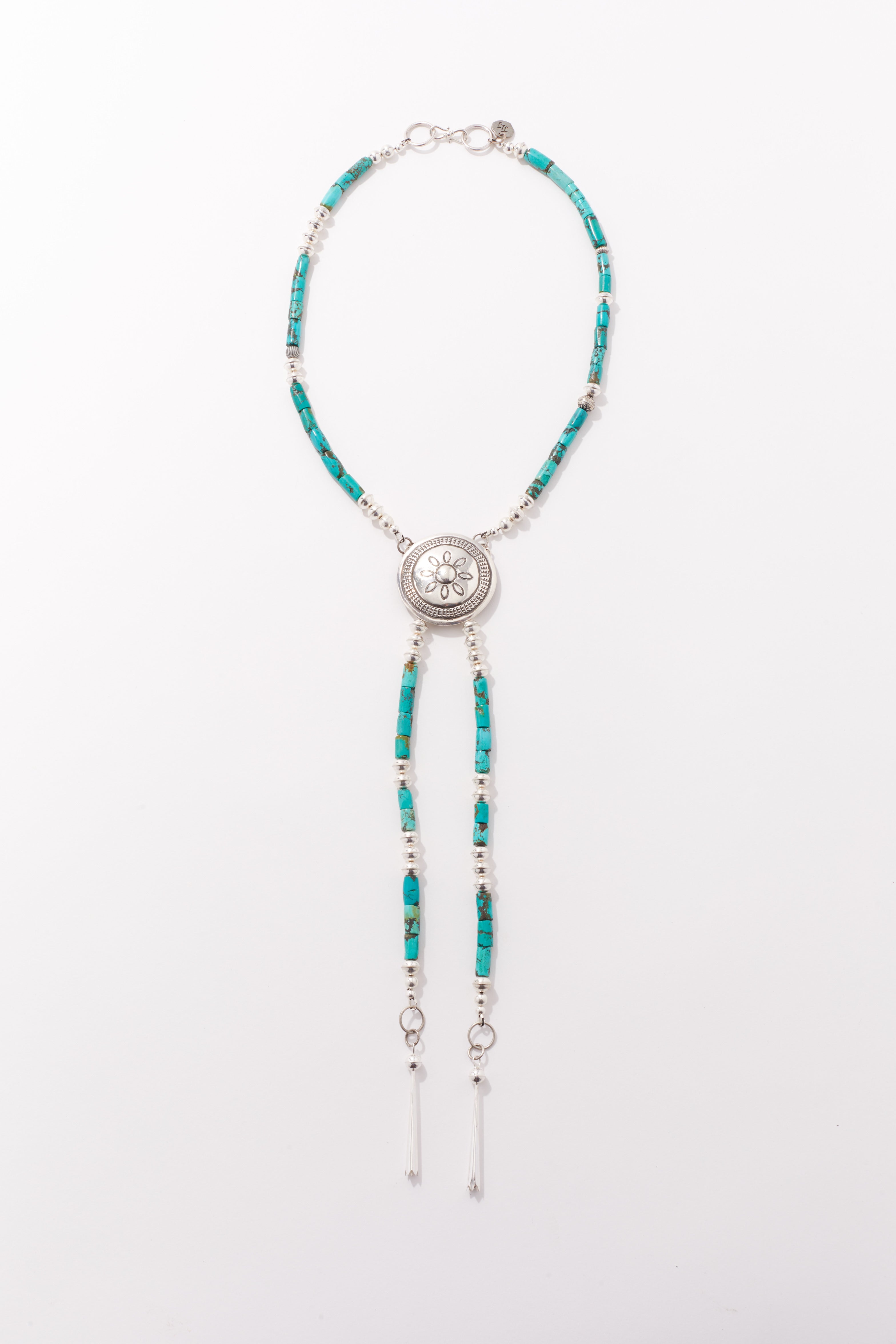 TURQUOISE AND STERLING SILVER CONCHO BOLO STYLE NECKLACE