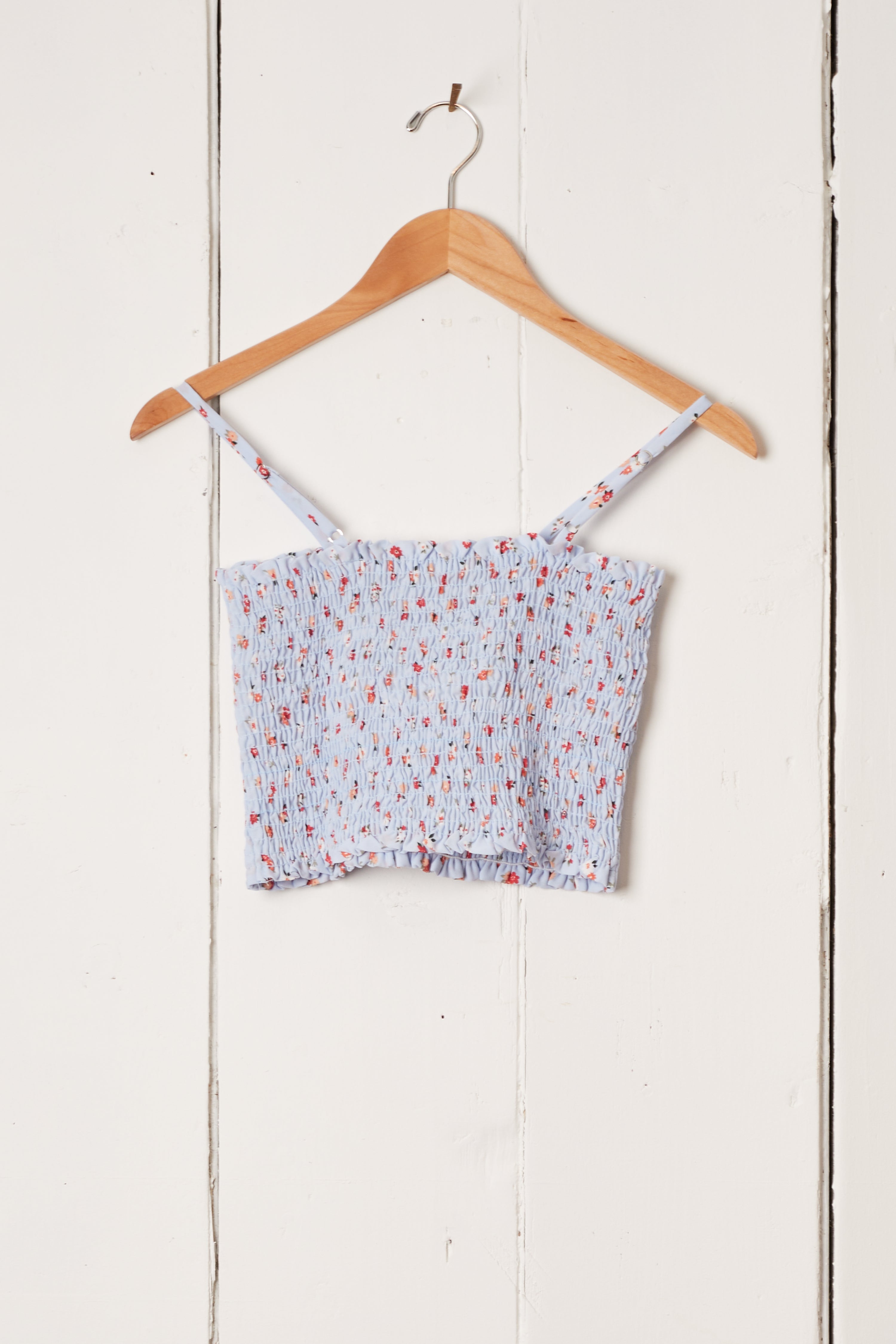 LIGHT BLUE AND ROSE FLORAL SMOCKED CROPPED CAMI TOP